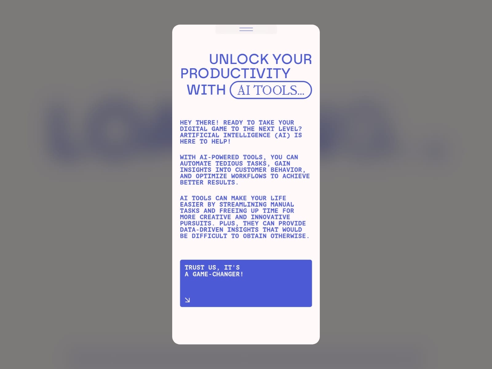 Mobile version of the hero with intro paragraphs in blue monospace type