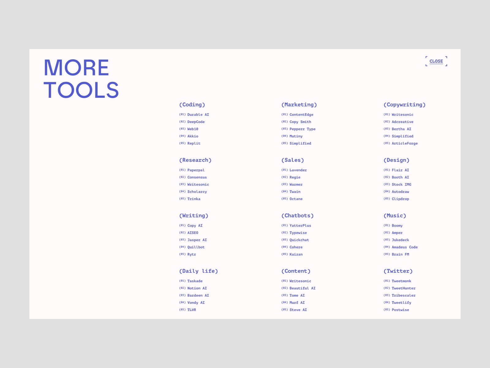 More tools overlay listing AI services by category, from coding to music