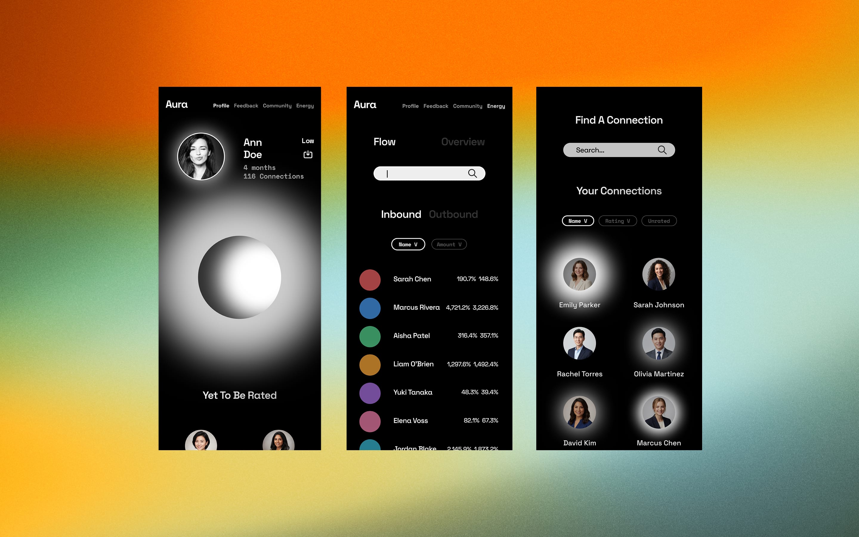 Aura profile, energy flow and connection search screens on a warm gradient