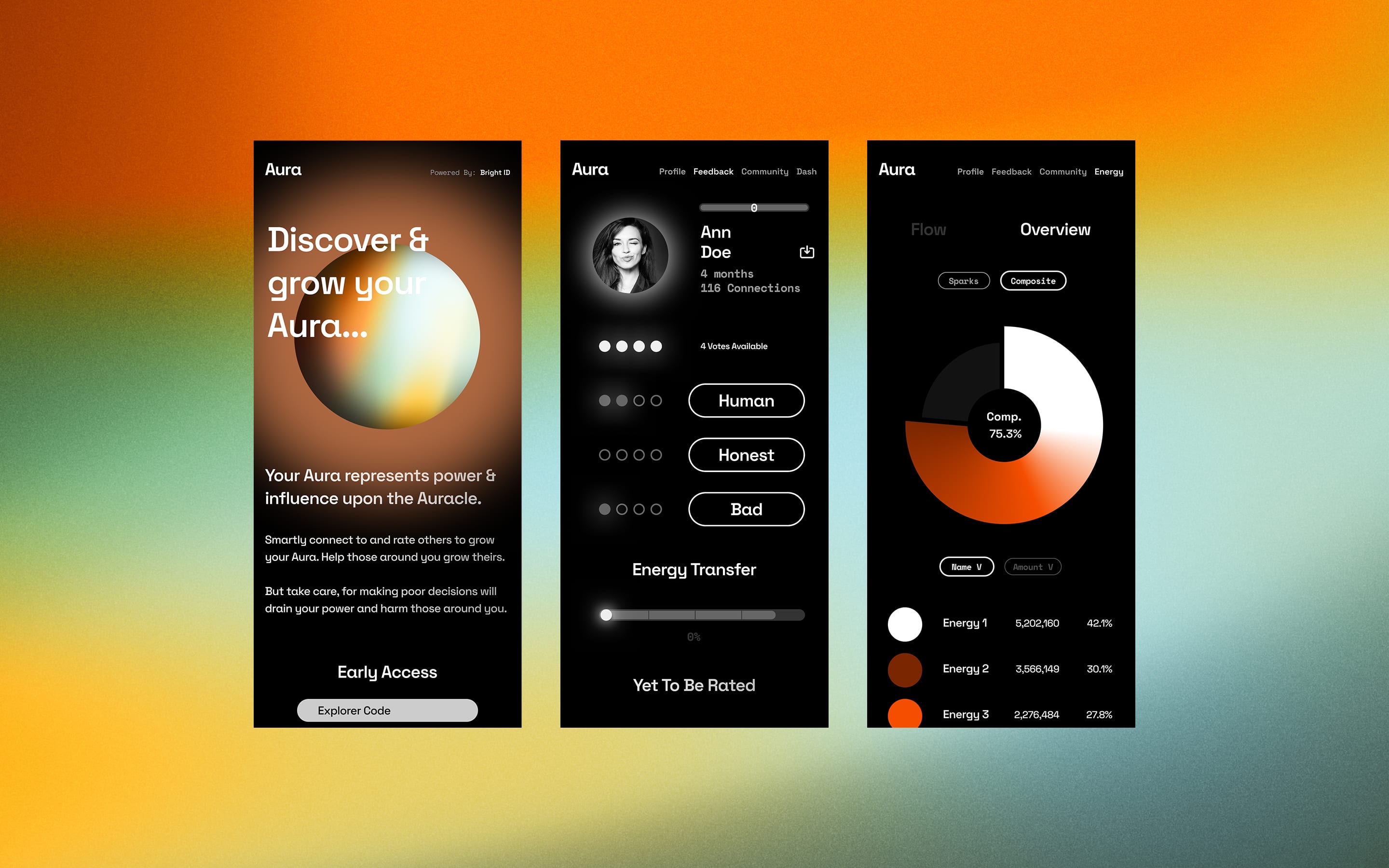 Three Aura app screens with onboarding, feedback voting and energy overview
