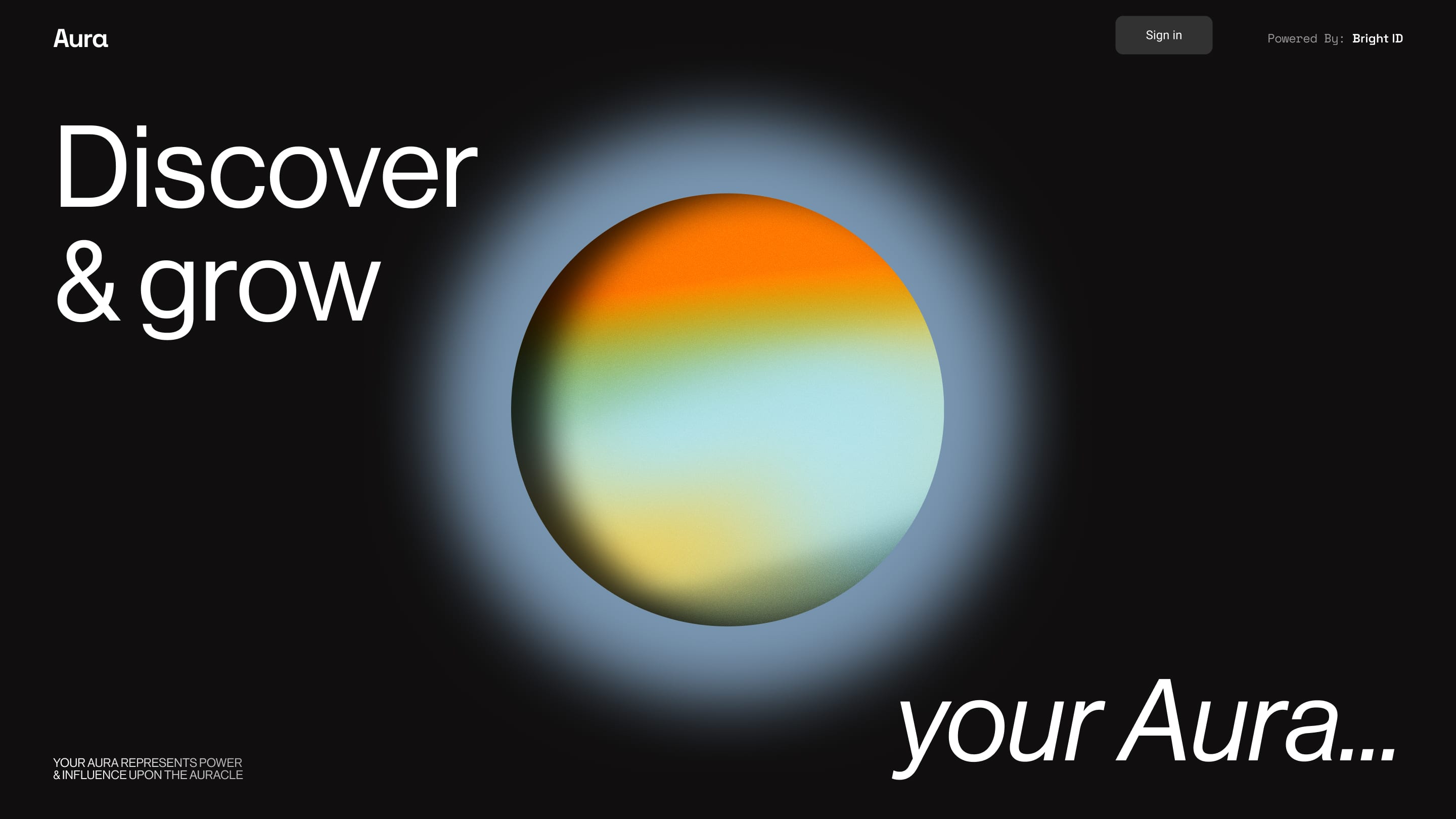 Landing hero with the line 'Discover and grow your Aura' around a gradient orb