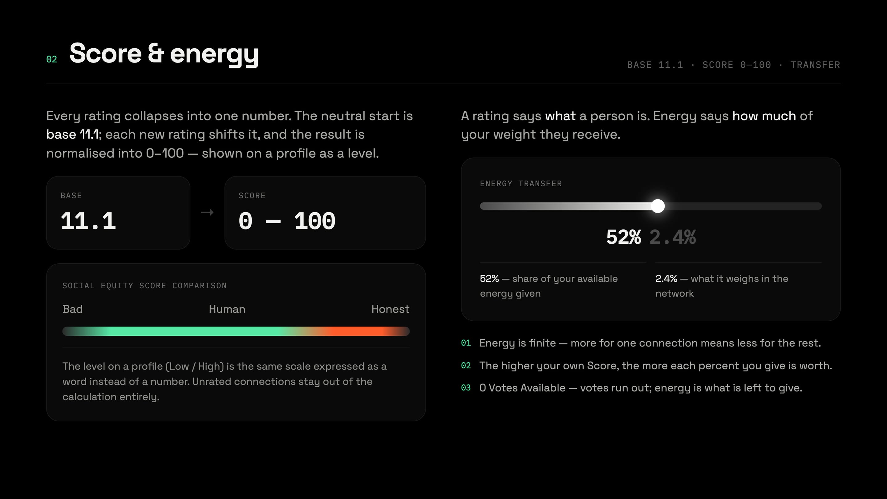 Score and energy explainer with base 11.1 and an energy transfer slider