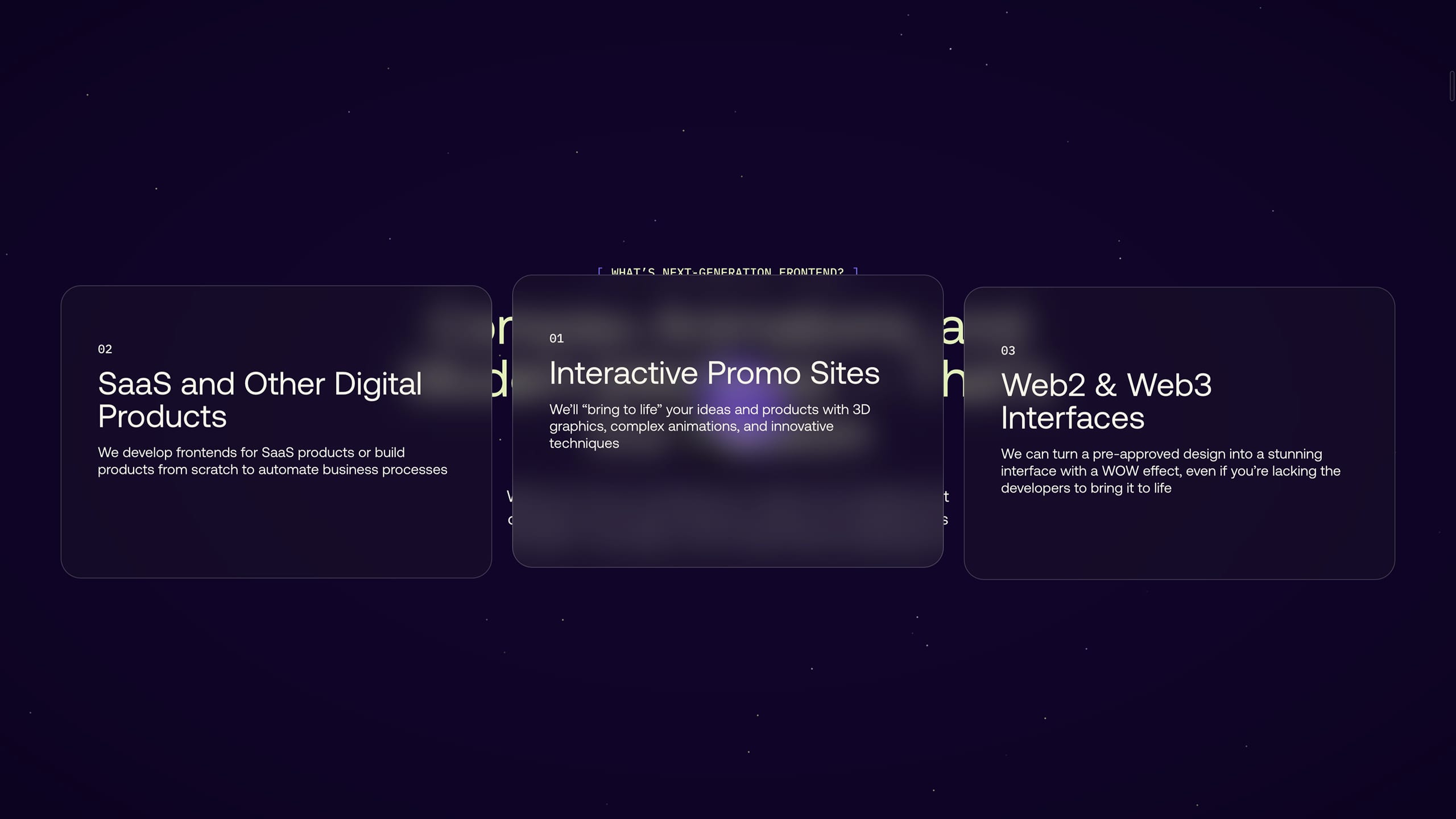 Three service cards covering SaaS products, promo sites and Web3 interfaces