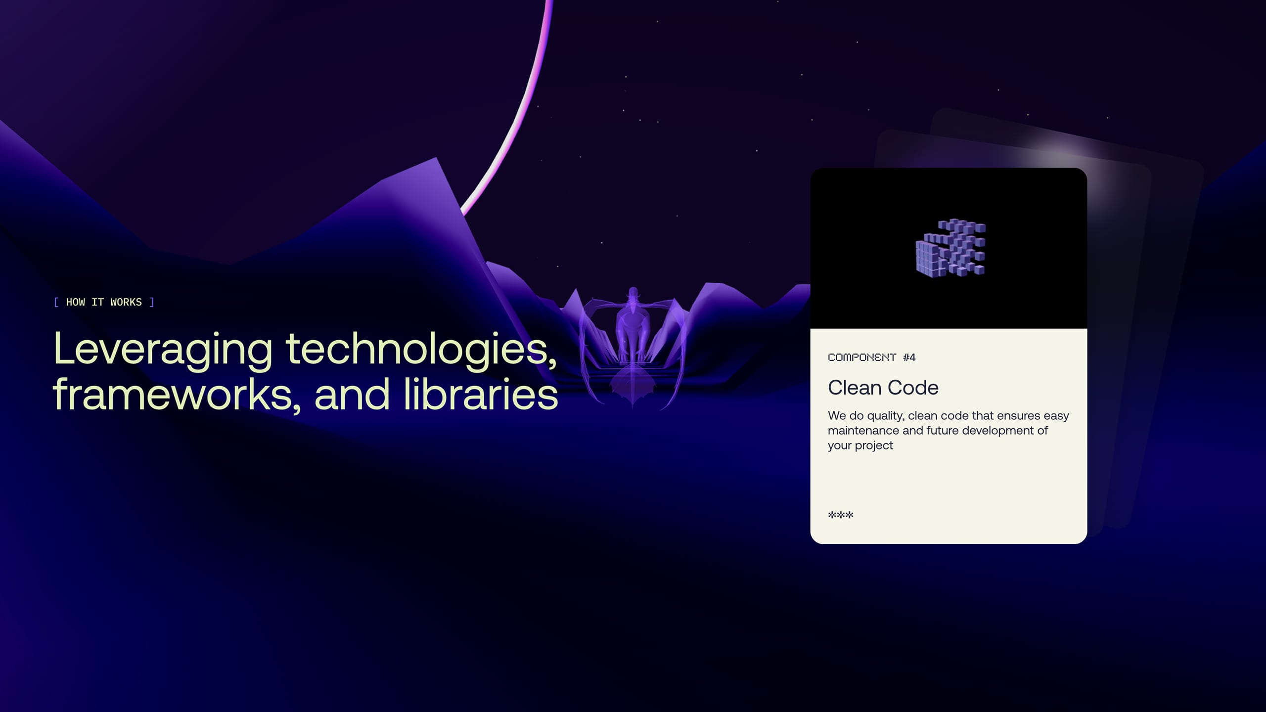 How it works section with a clean code component card