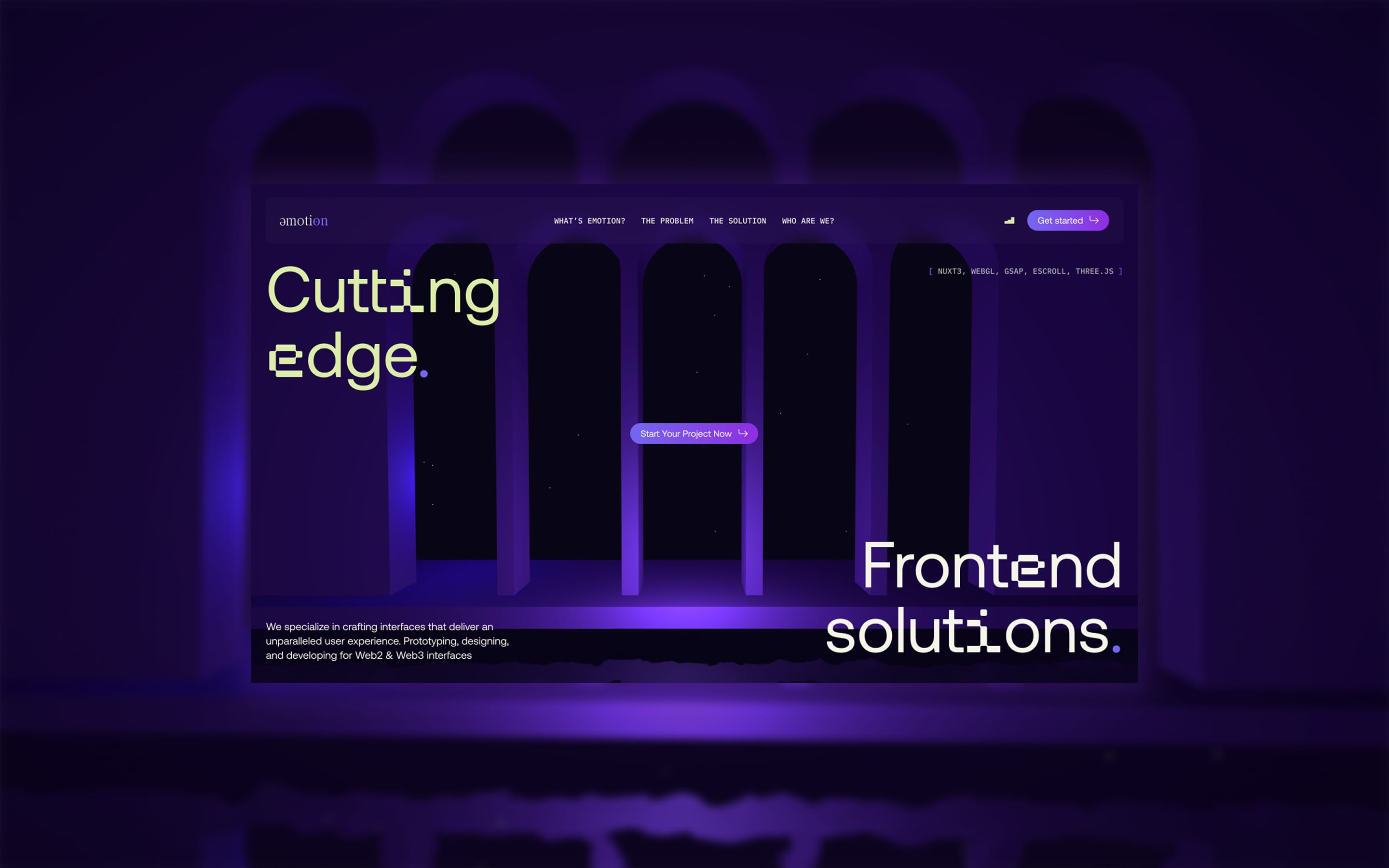 E Promo hero with the words 'Cutting edge. Frontend solutions' among dark arches
