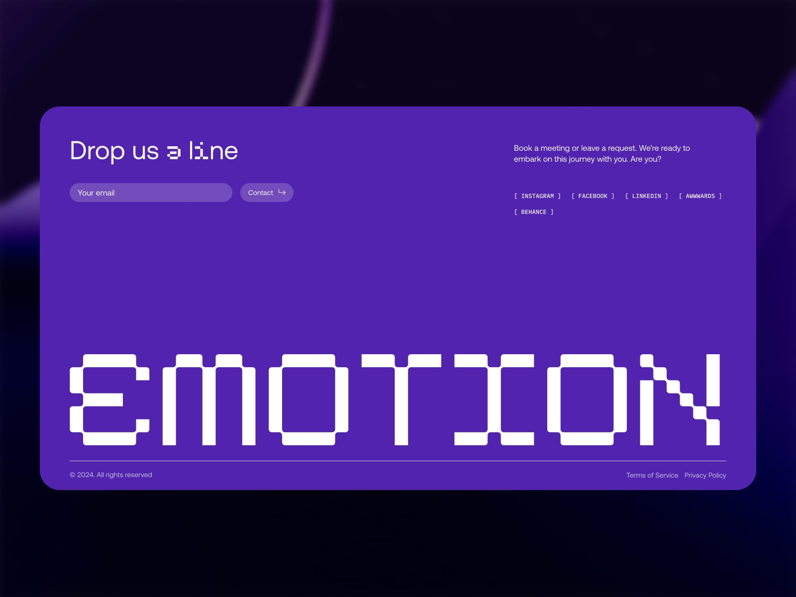 Contact footer with email field and giant pixel Emotion wordmark