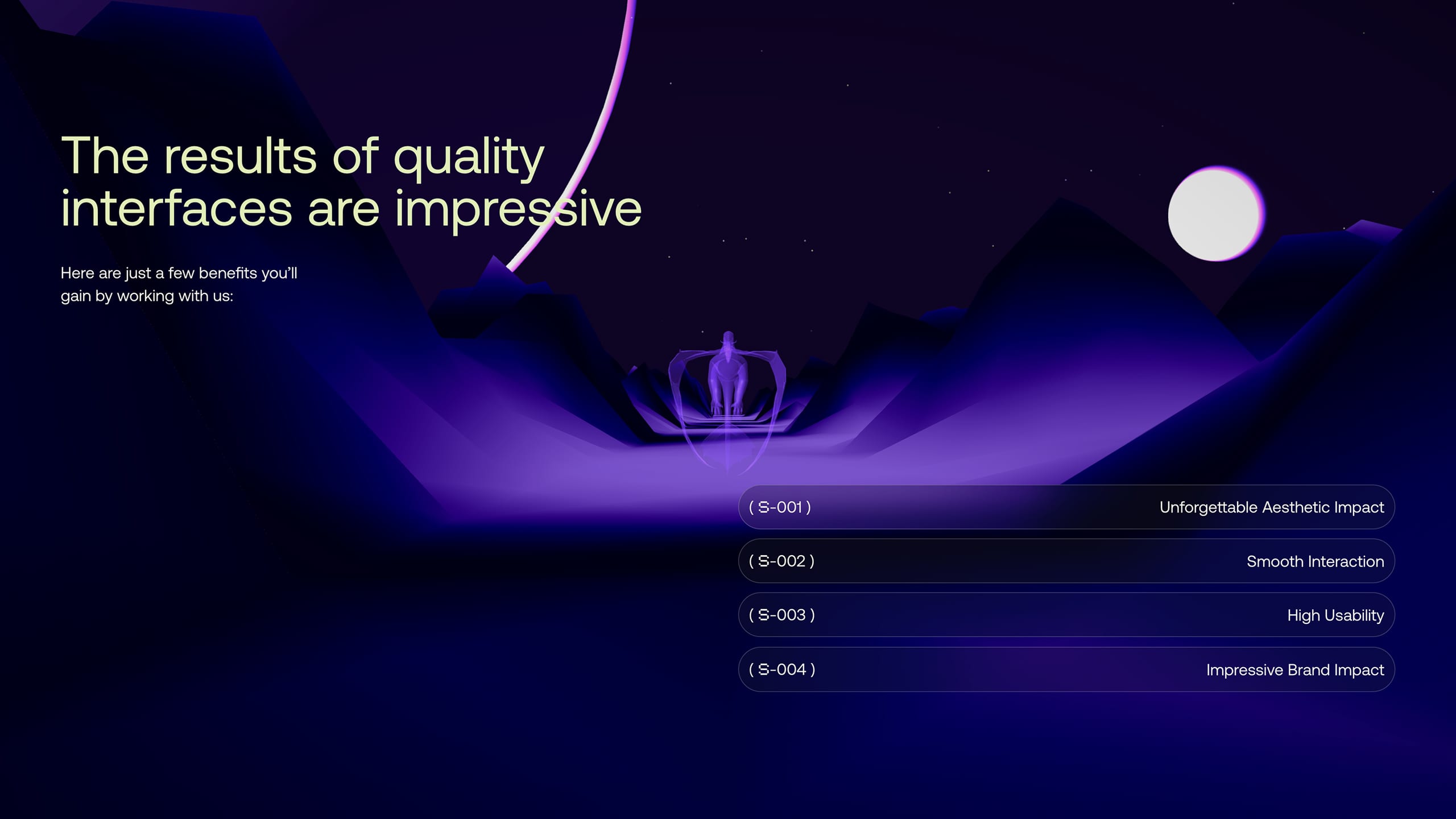 Benefits list from aesthetic impact to brand impact over purple mountain scenery