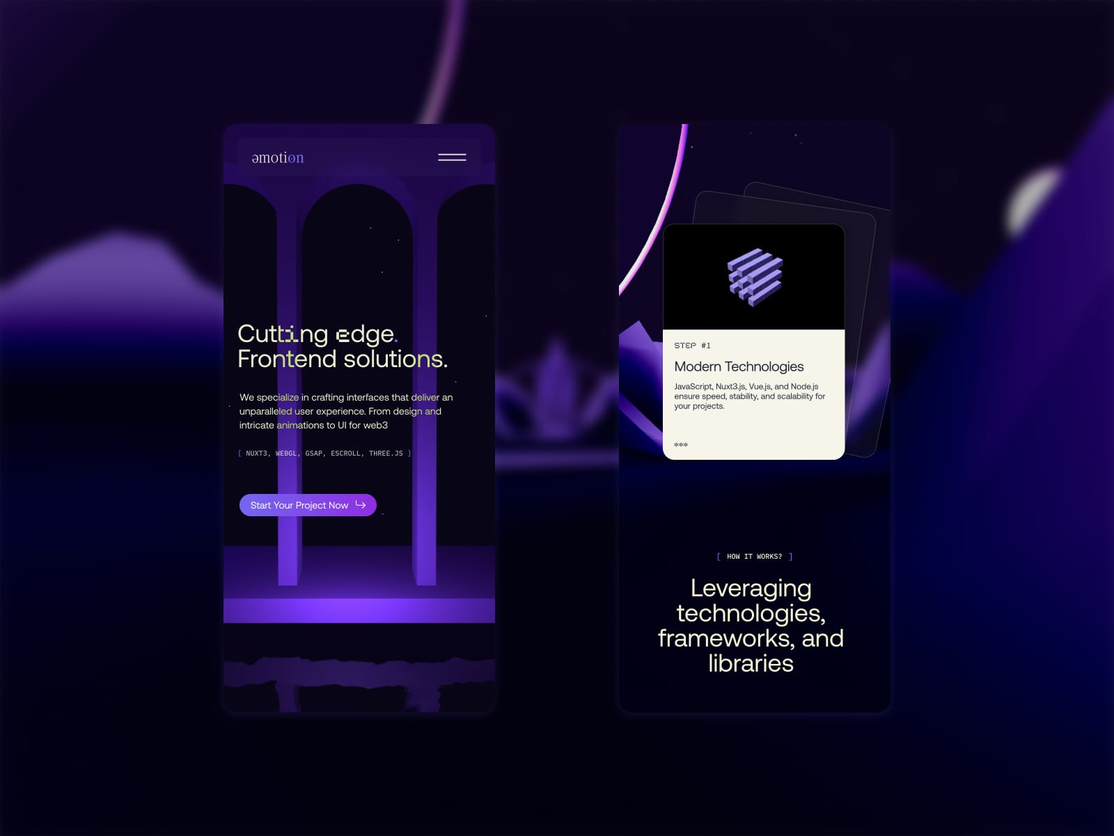 Two mobile screens showing the hero and a modern technologies card