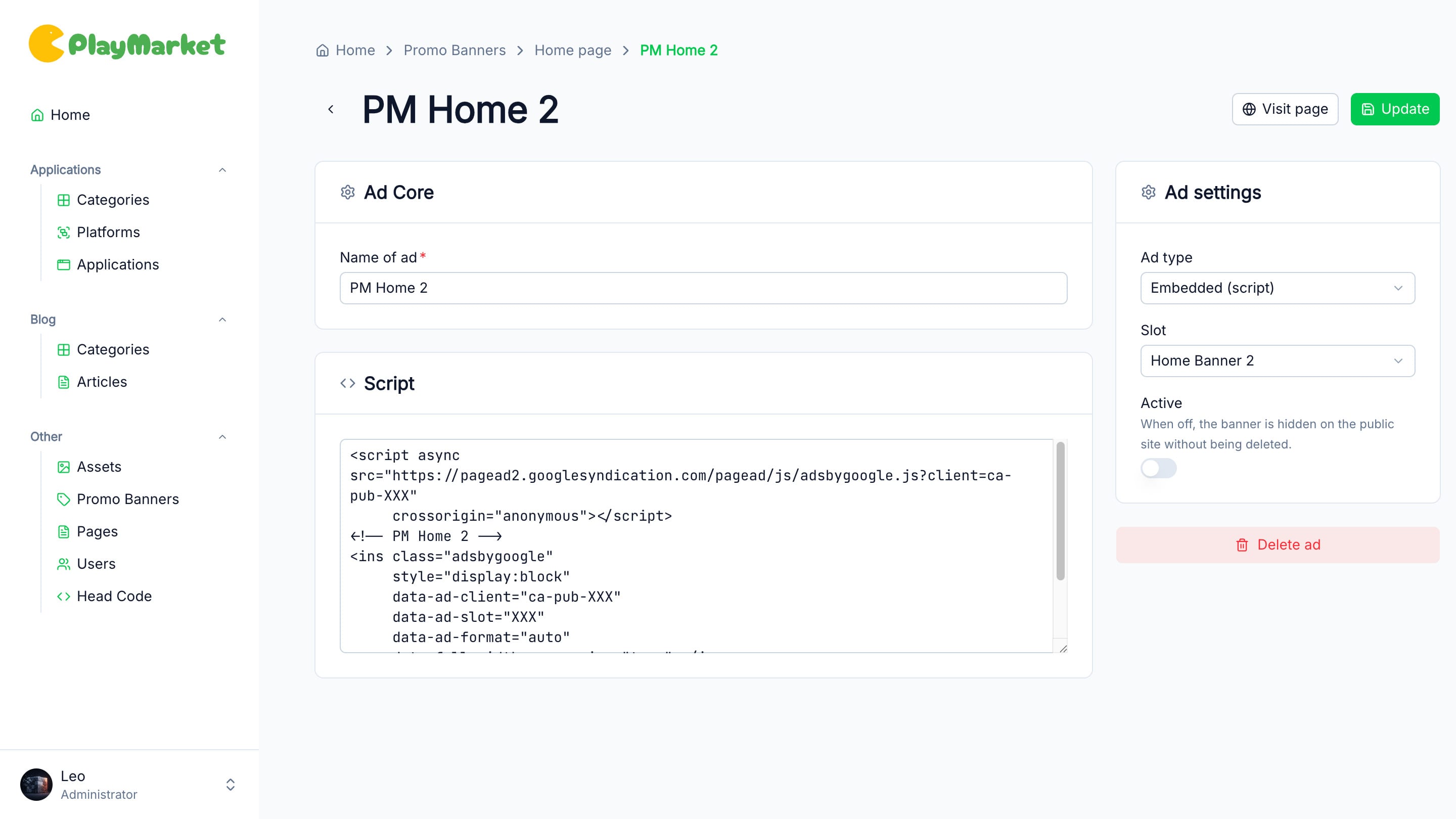 Advertising manager editing an embedded AdSense banner script