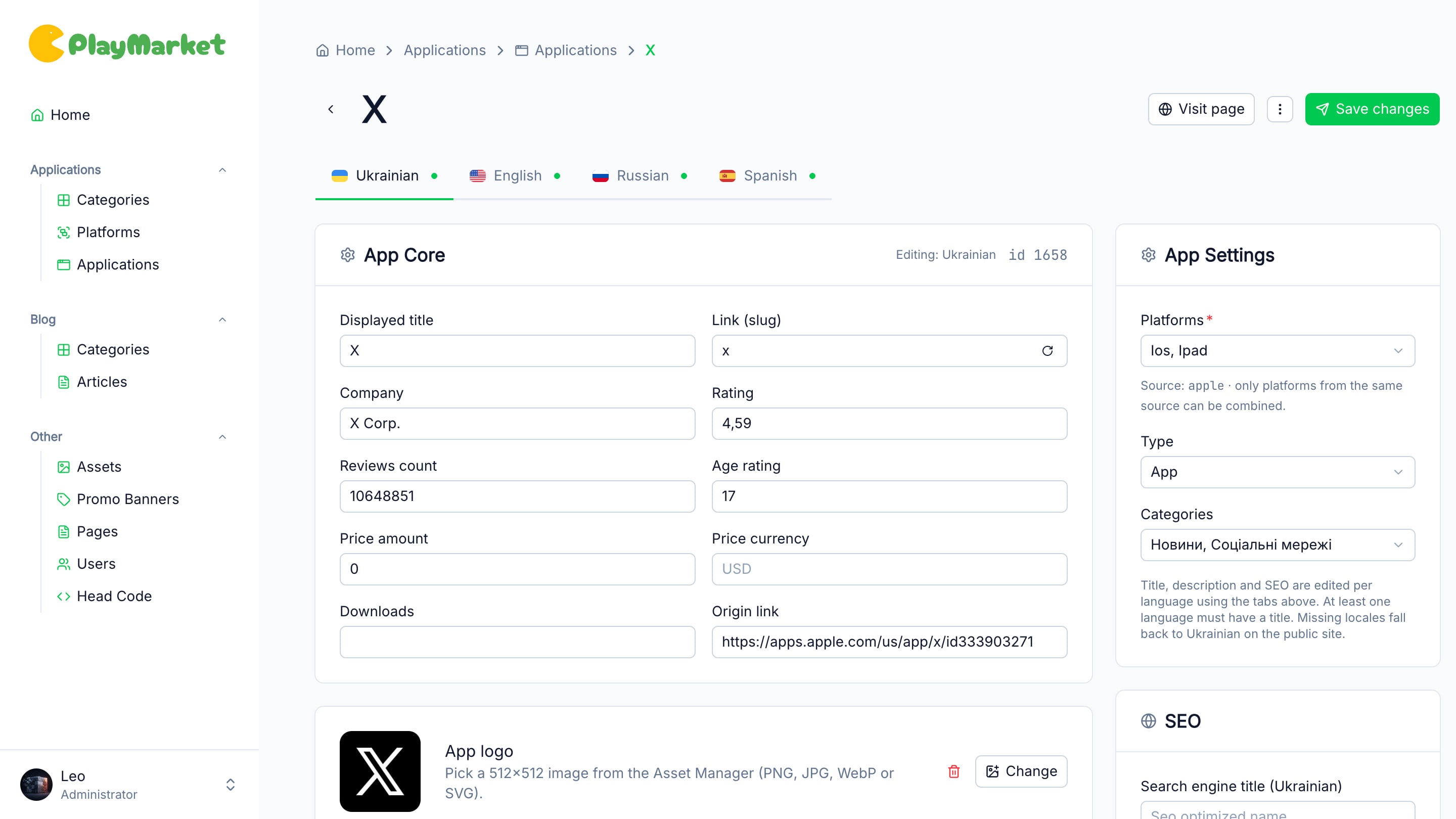 App editor showing localized core fields and platform settings