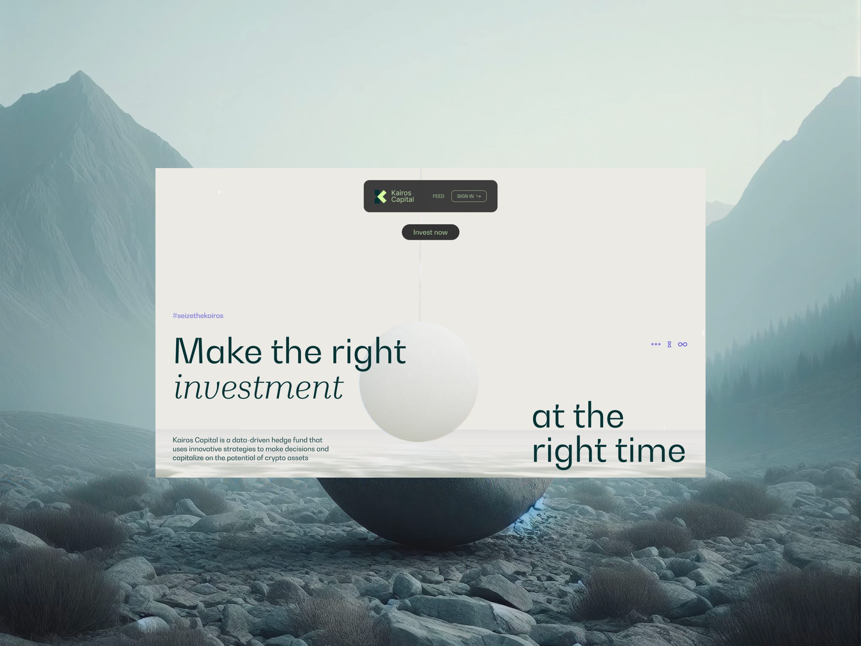 Kairos Capital homepage hero with right investment headline over misty mountains