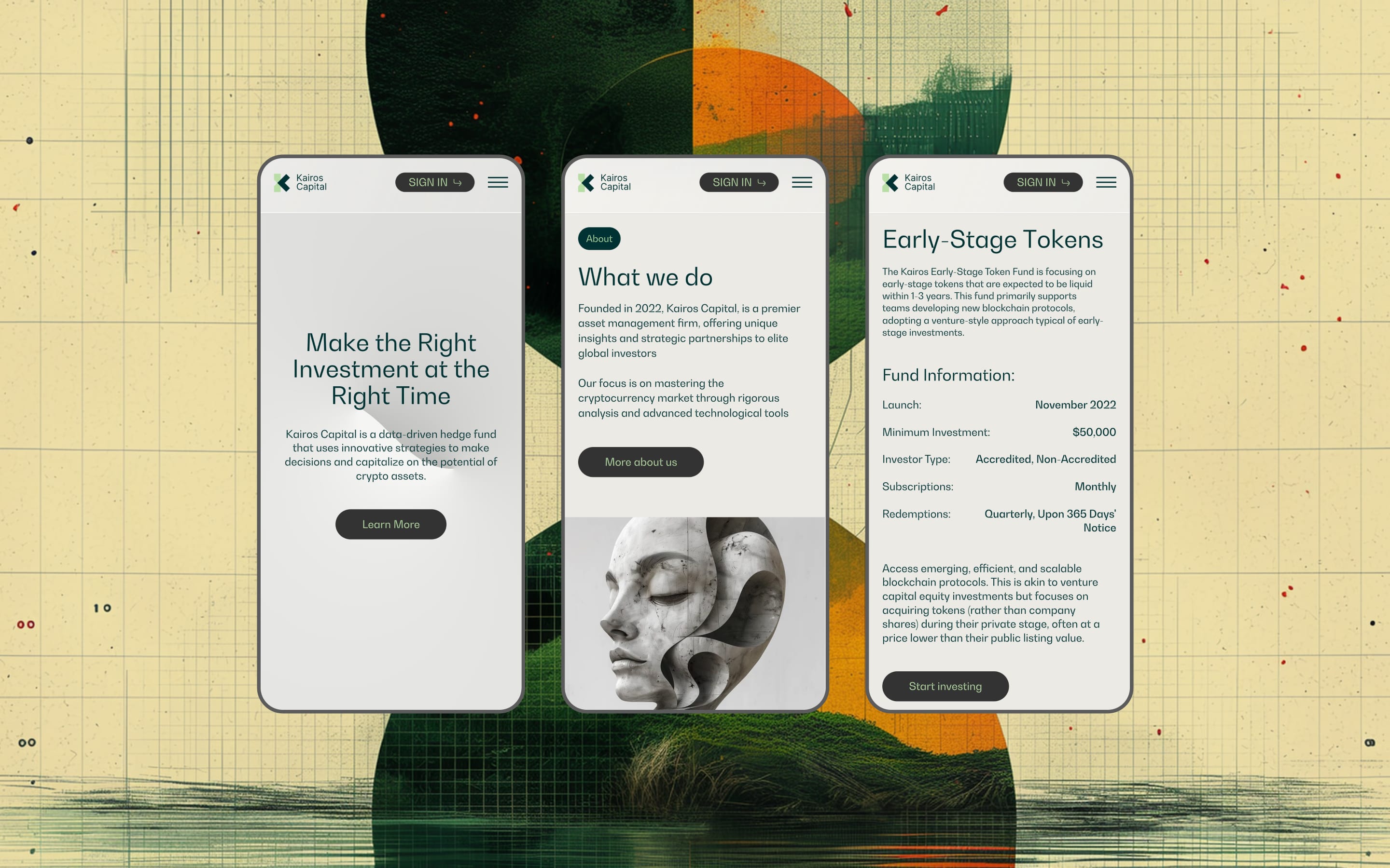 Three phone mockups of the Kairos site on collage artwork