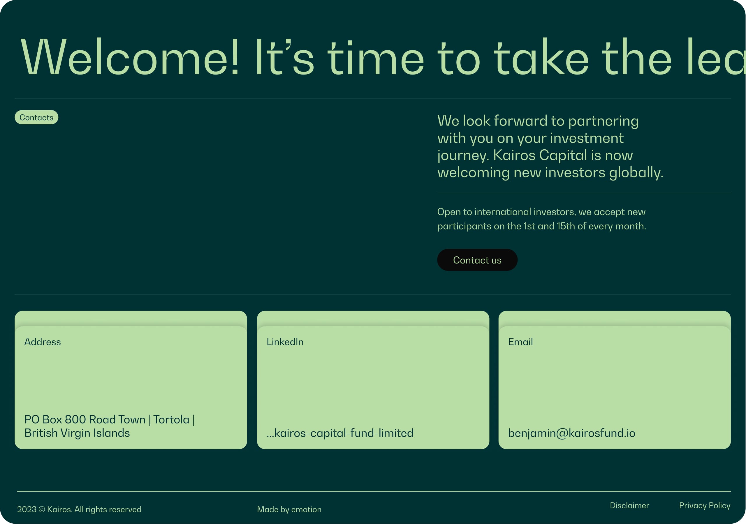 Dark green contacts footer with welcome headline and detail cards