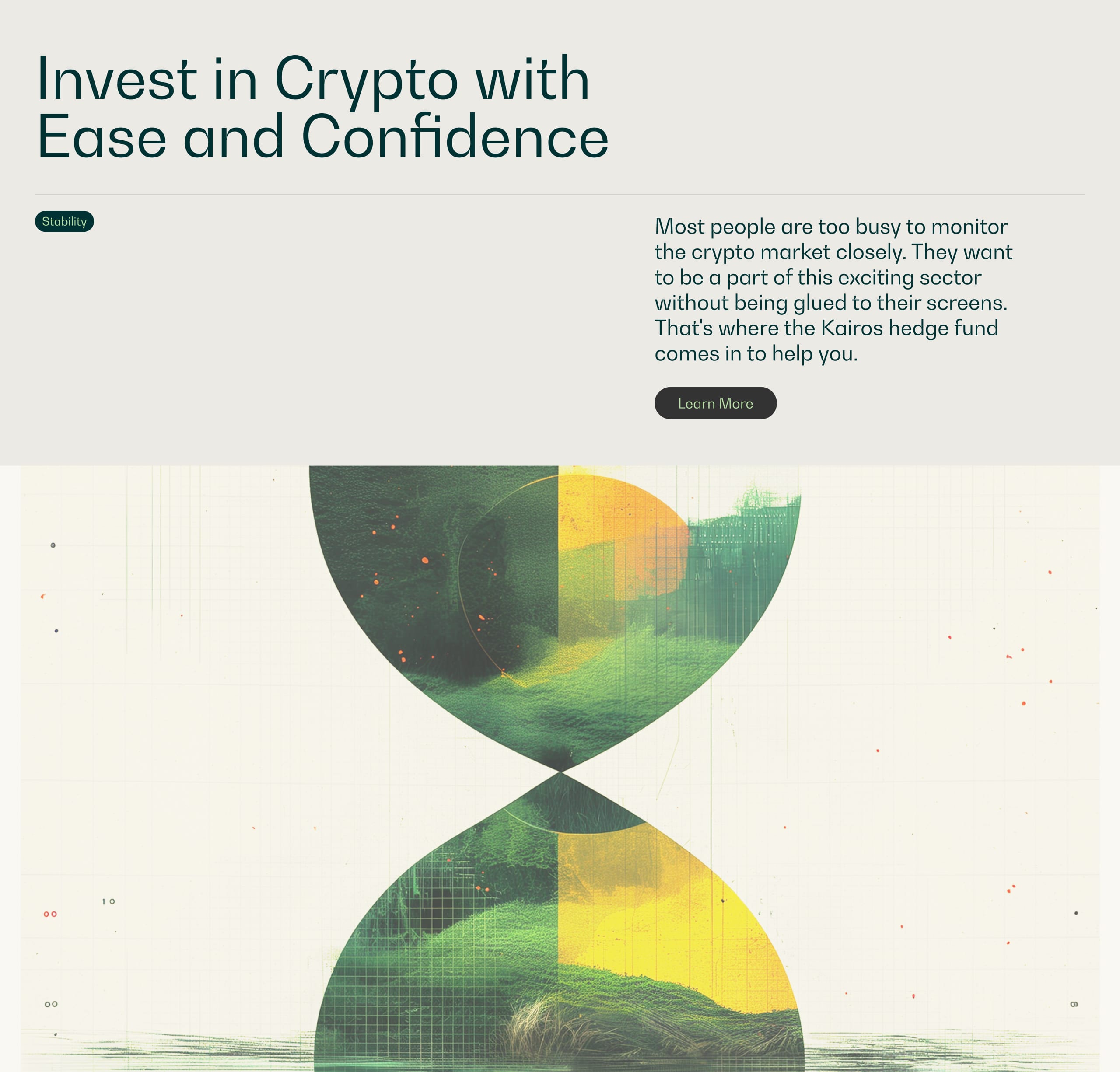 Crypto investing section with headline and hourglass collage illustration