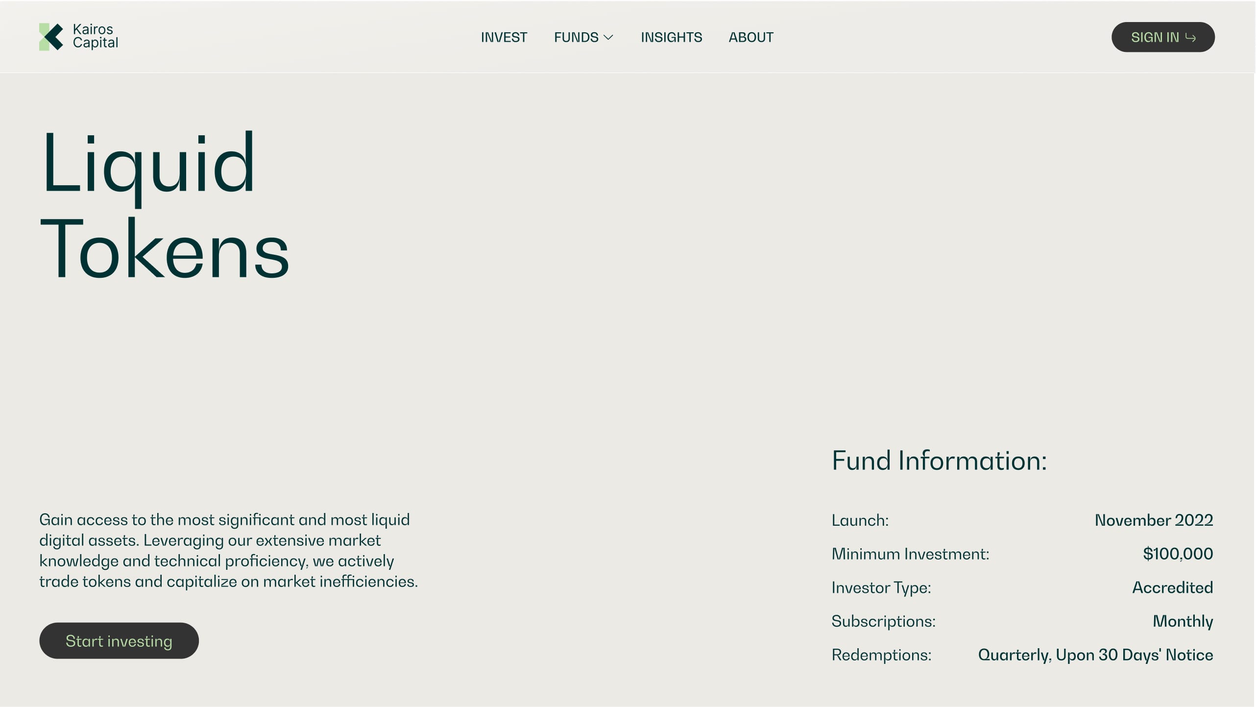 Liquid Tokens fund page listing launch and investment terms