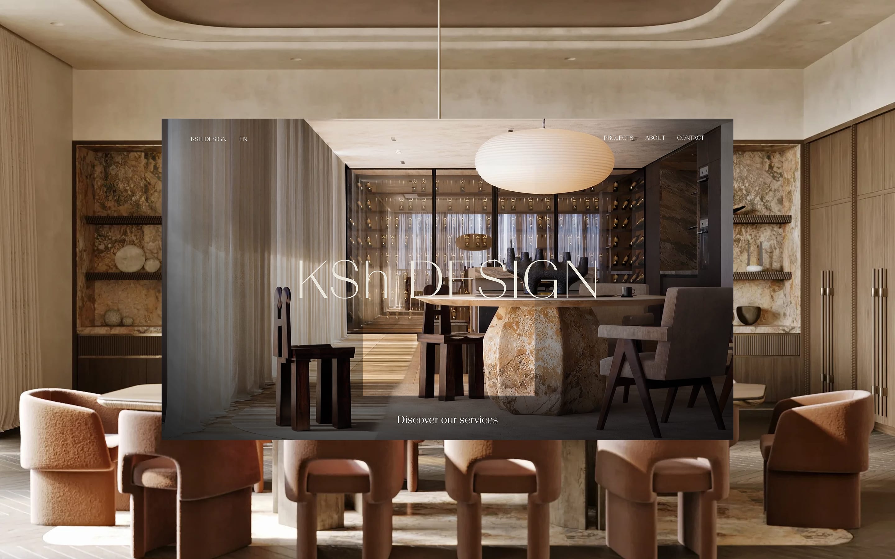 KSh Design homepage hero over a warm wooden dining interior