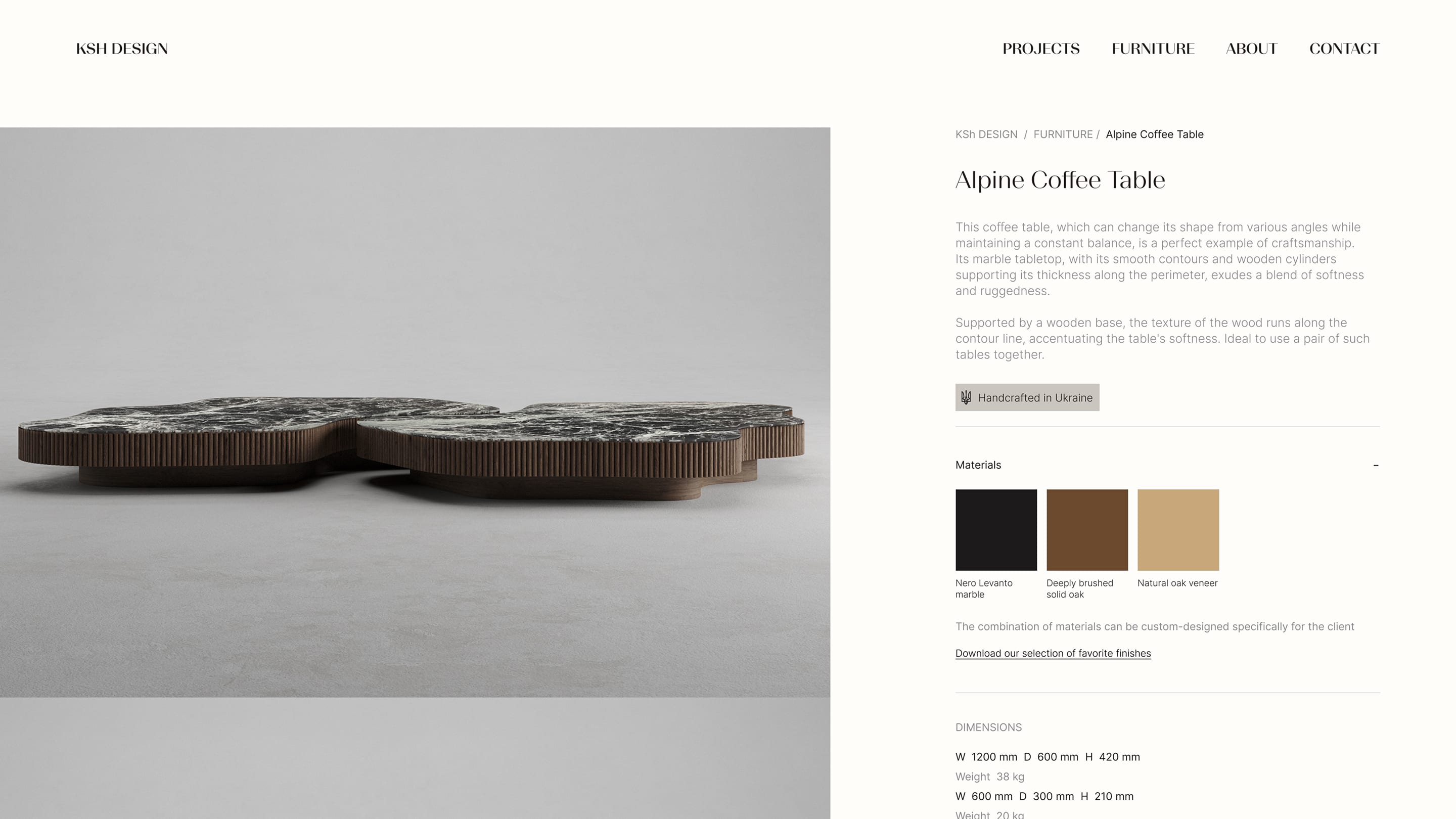 Alpine Coffee Table product page with materials and dimensions