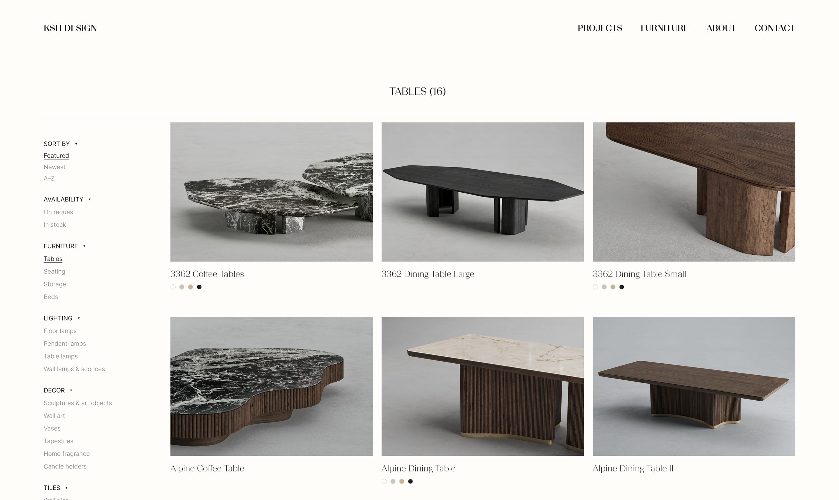 Furniture catalog page showing tables collection with sidebar filters