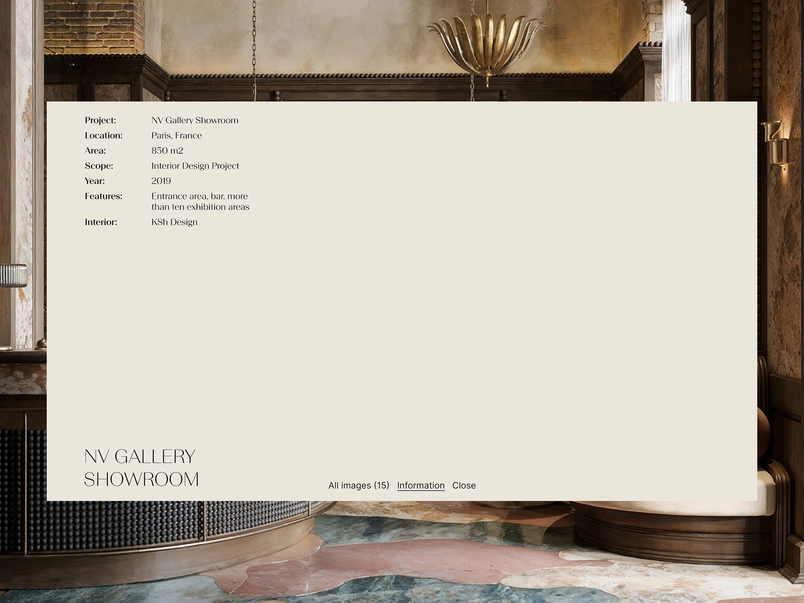 NV Gallery Showroom project details panel listing location and scope