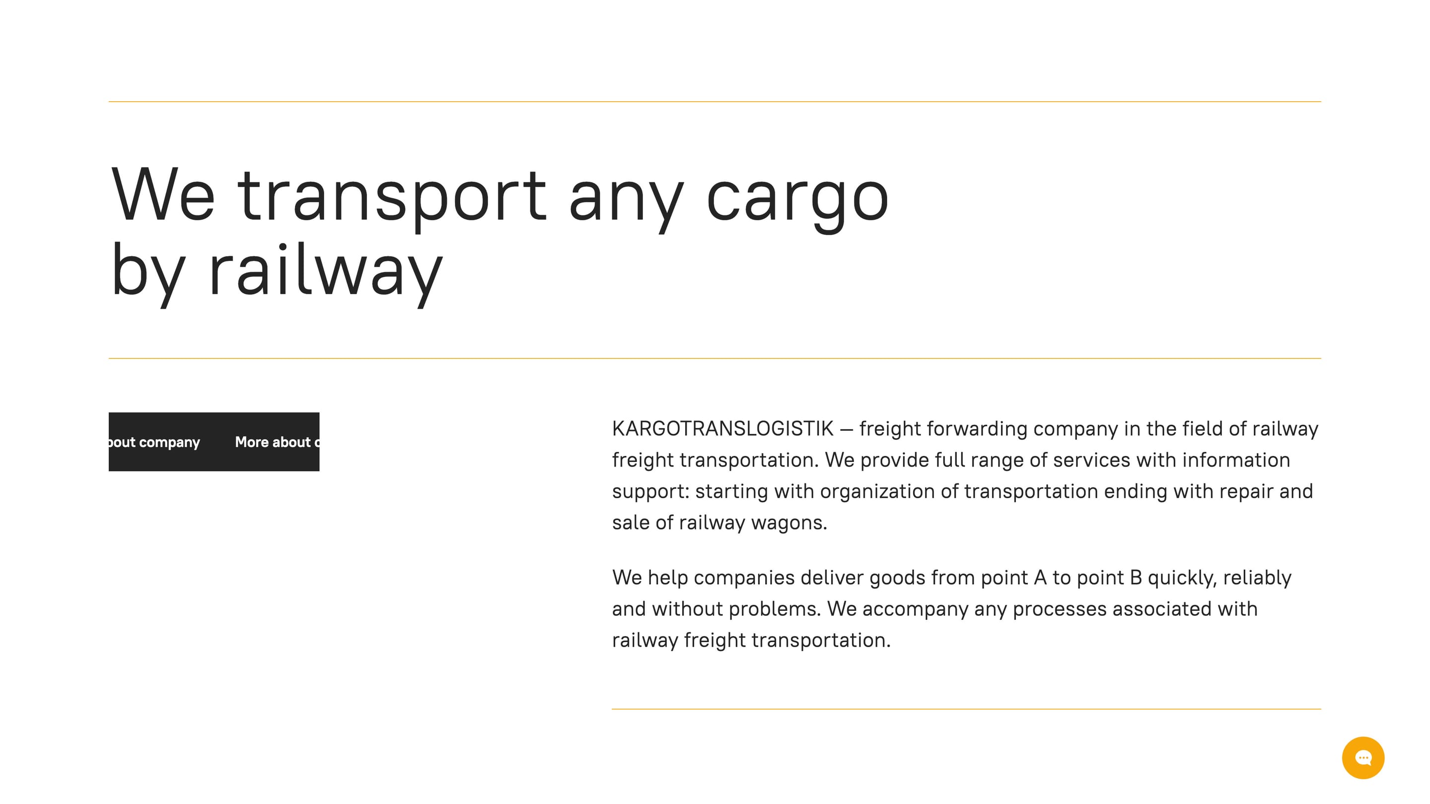 About section stating 'We transport any cargo by railway'