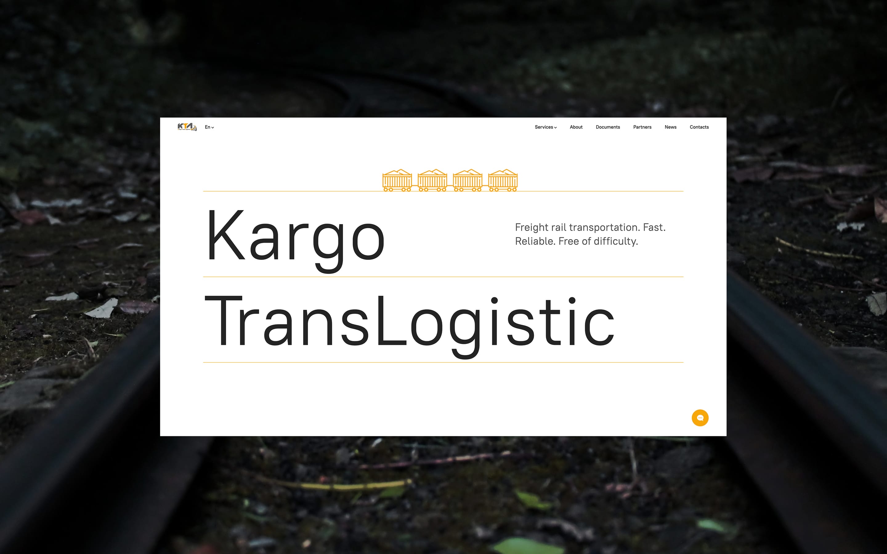 Kargo TransLogistic homepage hero floating over dark railway tracks