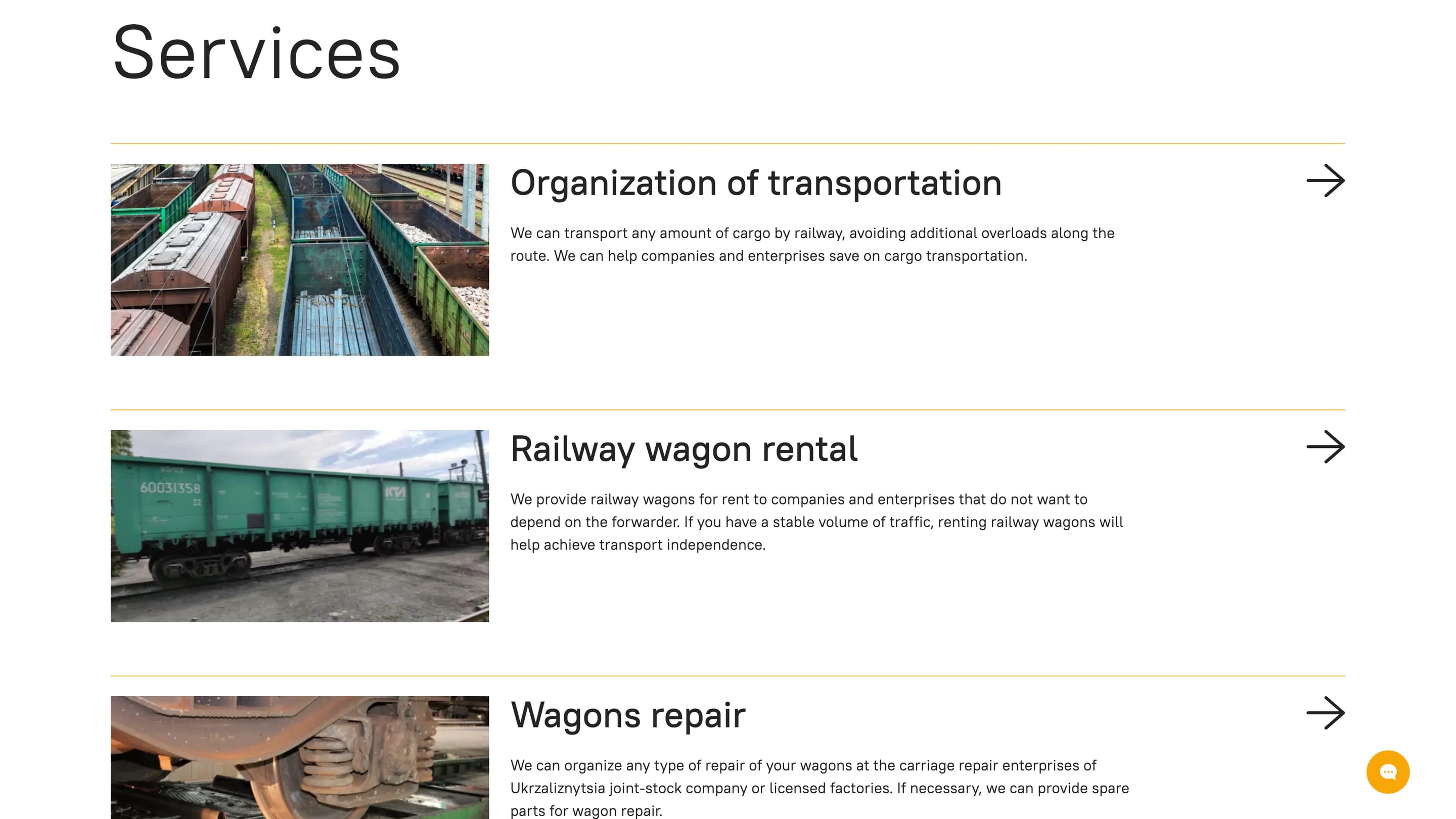 Services list pairing freight wagon photos with rail service descriptions