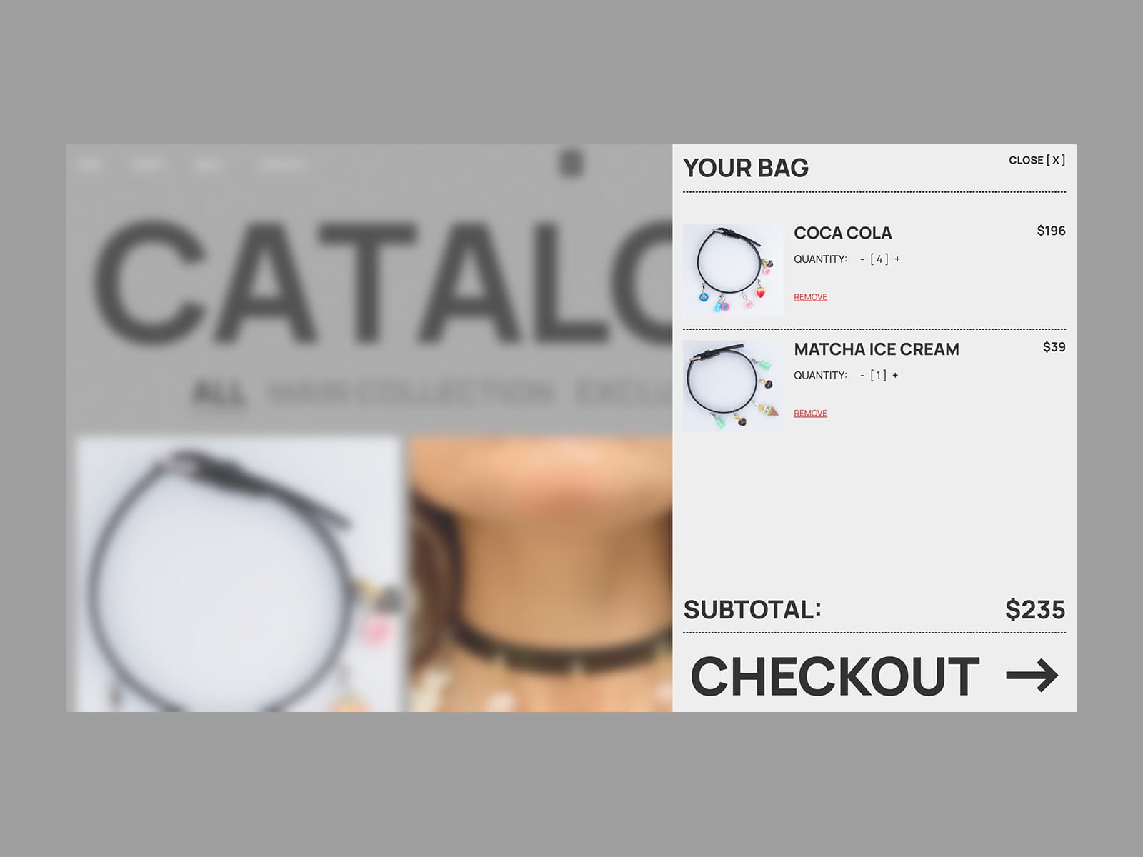 Bag drawer with two chokers, subtotal and checkout arrow