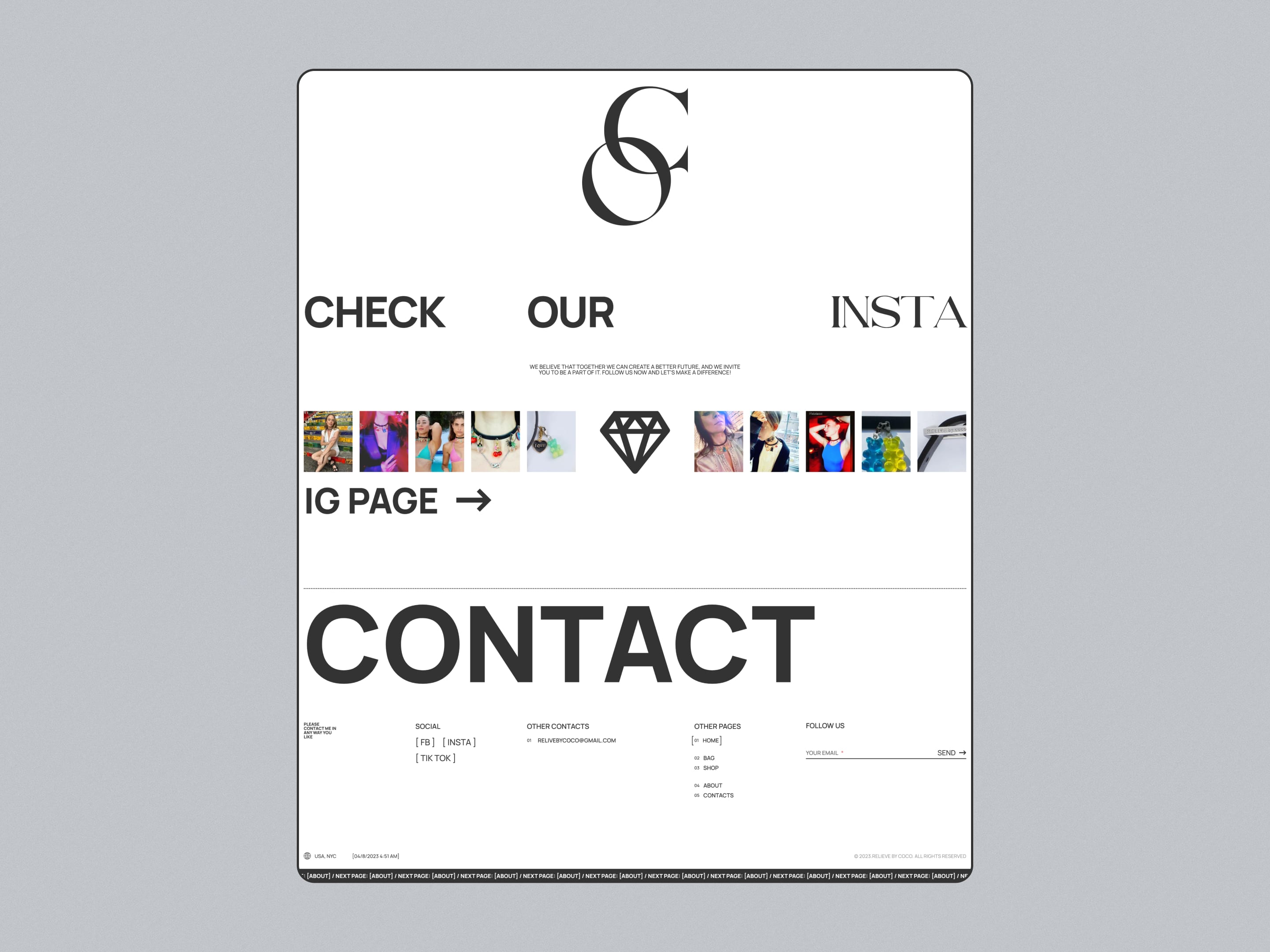 Footer inviting to check Instagram above a large contact block