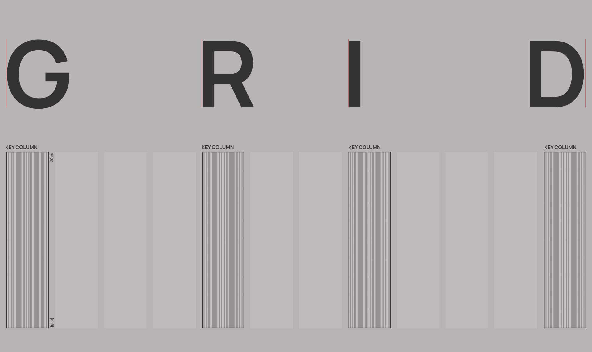 Typographic layout study spelling GRID above key column diagrams