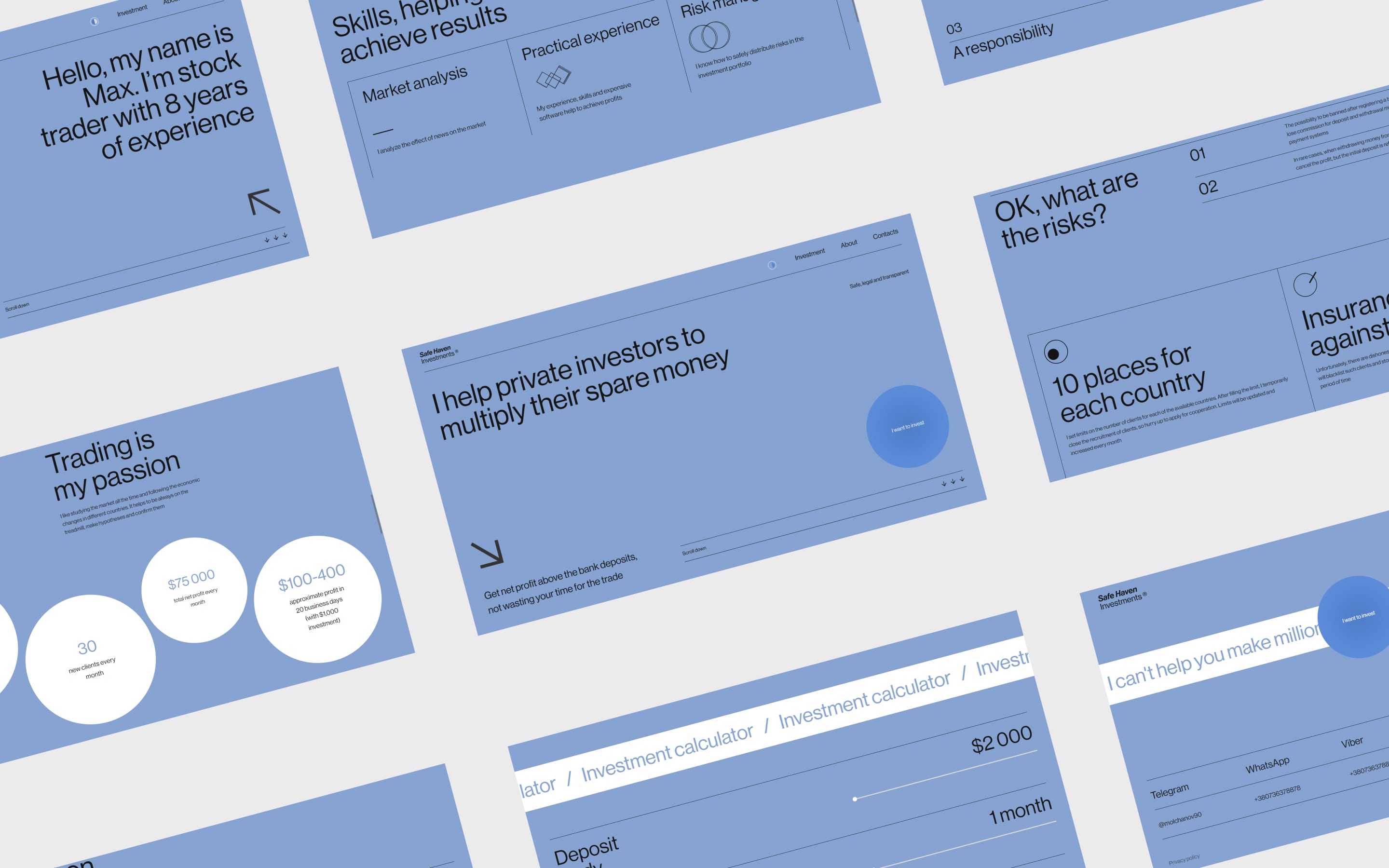 Collage of blue Safe Haven Investments screens for a trader