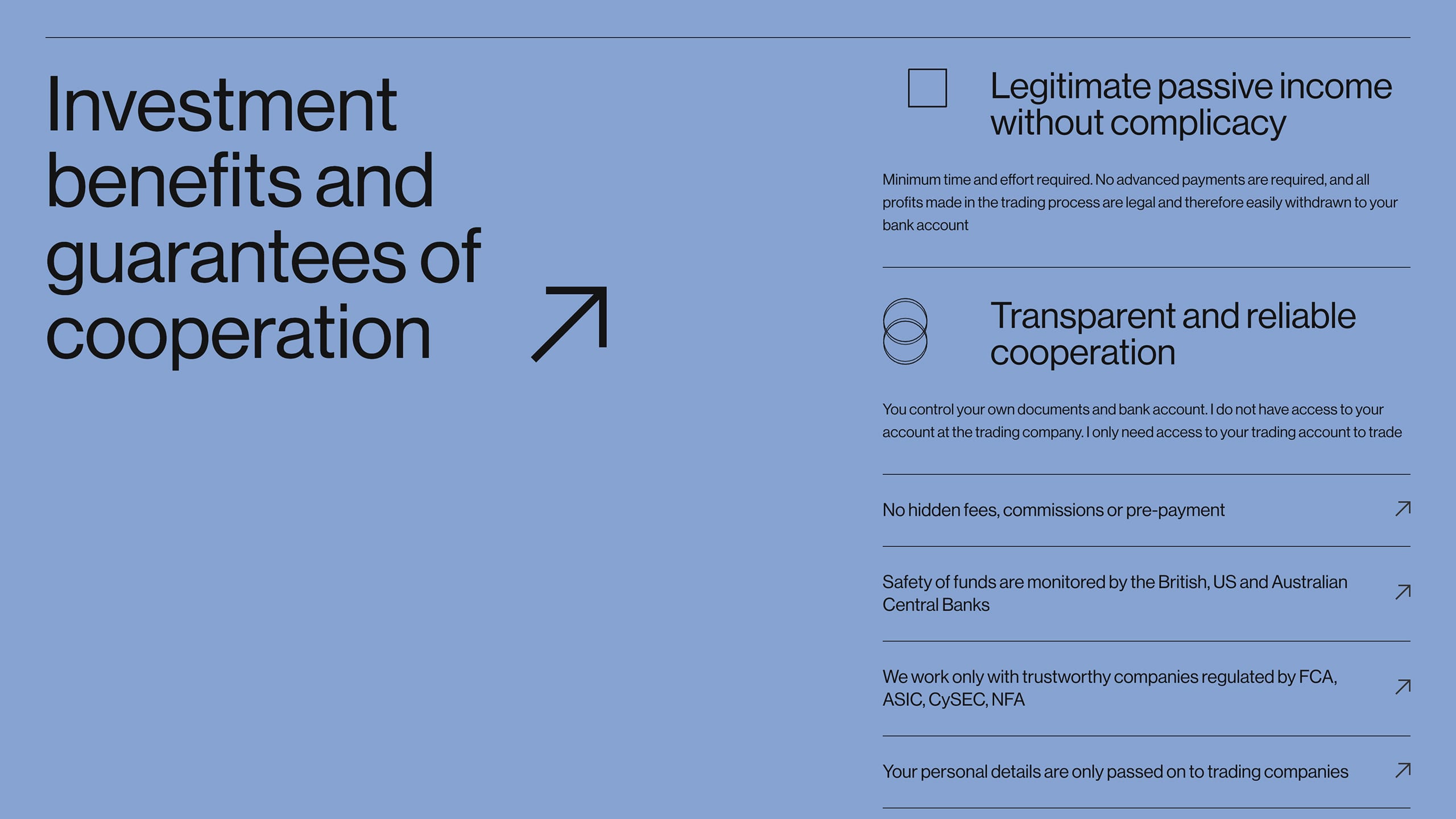 Investment benefits section listing guarantees of transparent cooperation