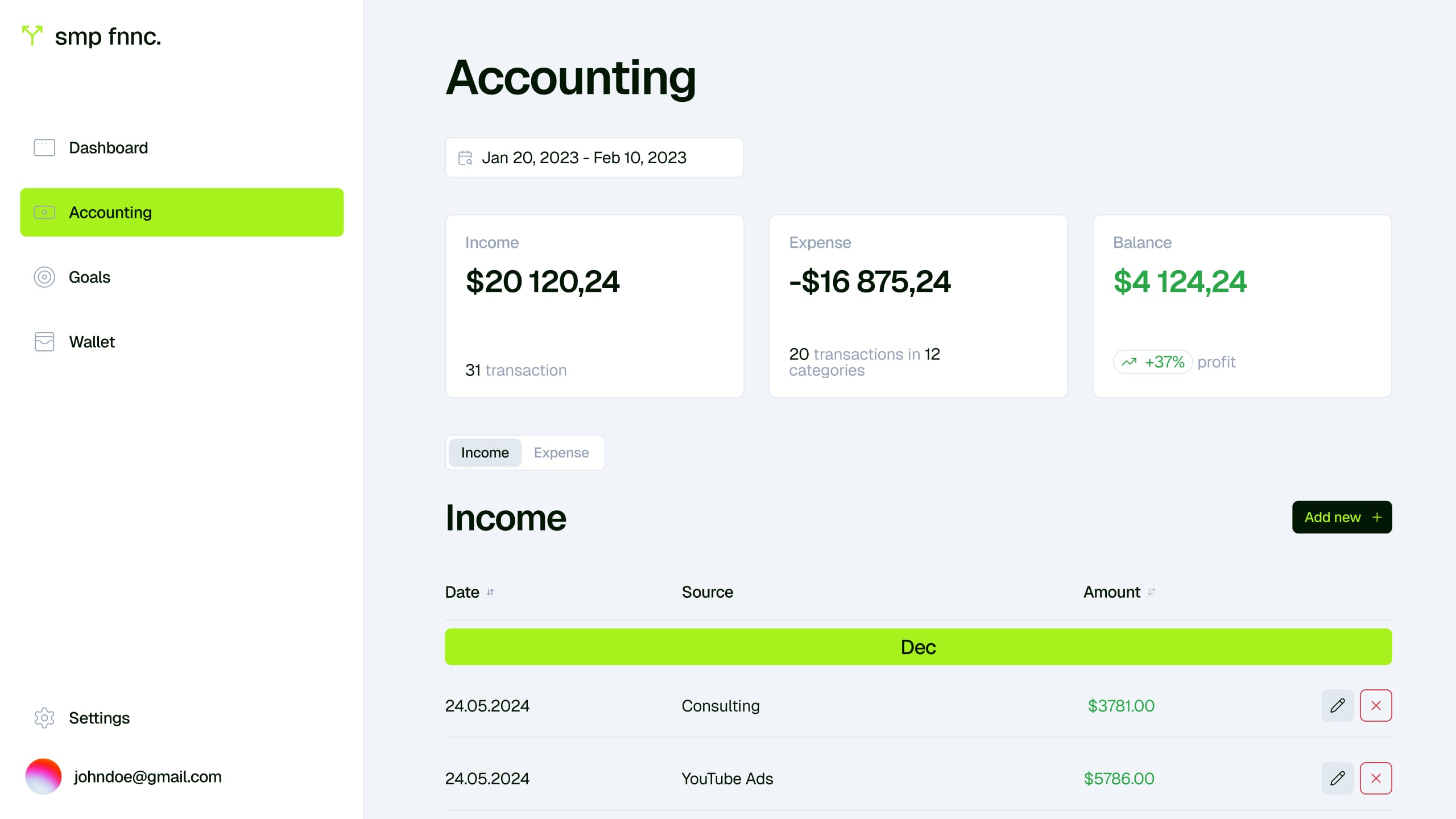 Accounting page on the Income tab with period income, expense and balance totals above a dated income table