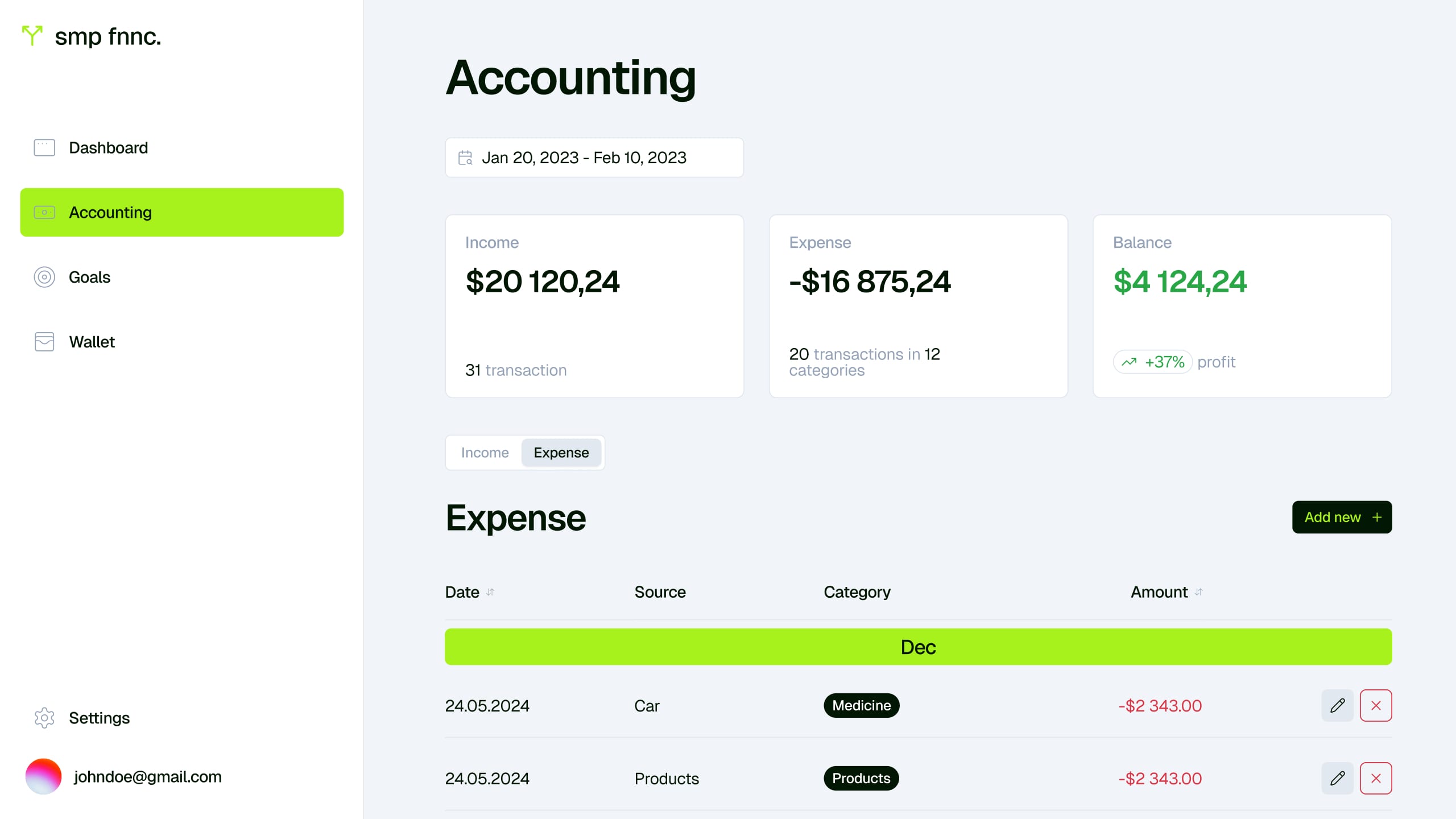 Accounting page on the Expense tab with category-tagged spending rows grouped by month