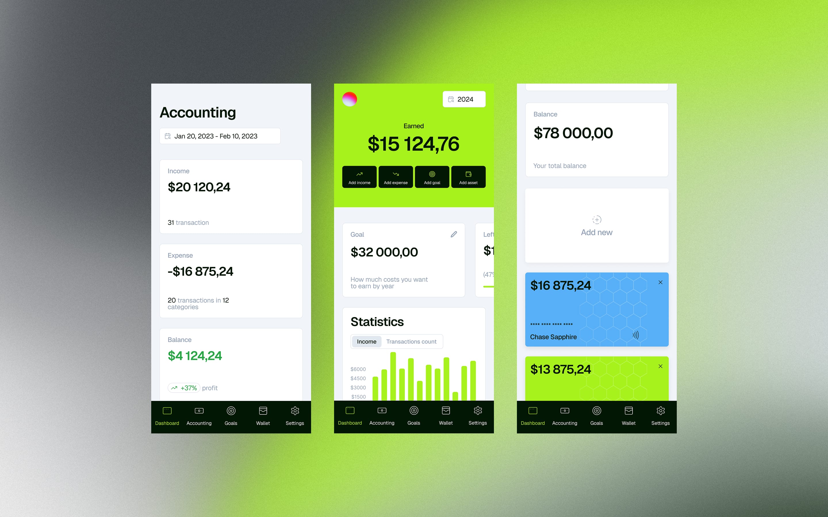 Three mobile screens on a green gradient — accounting totals, dashboard with quick actions, and wallet cards