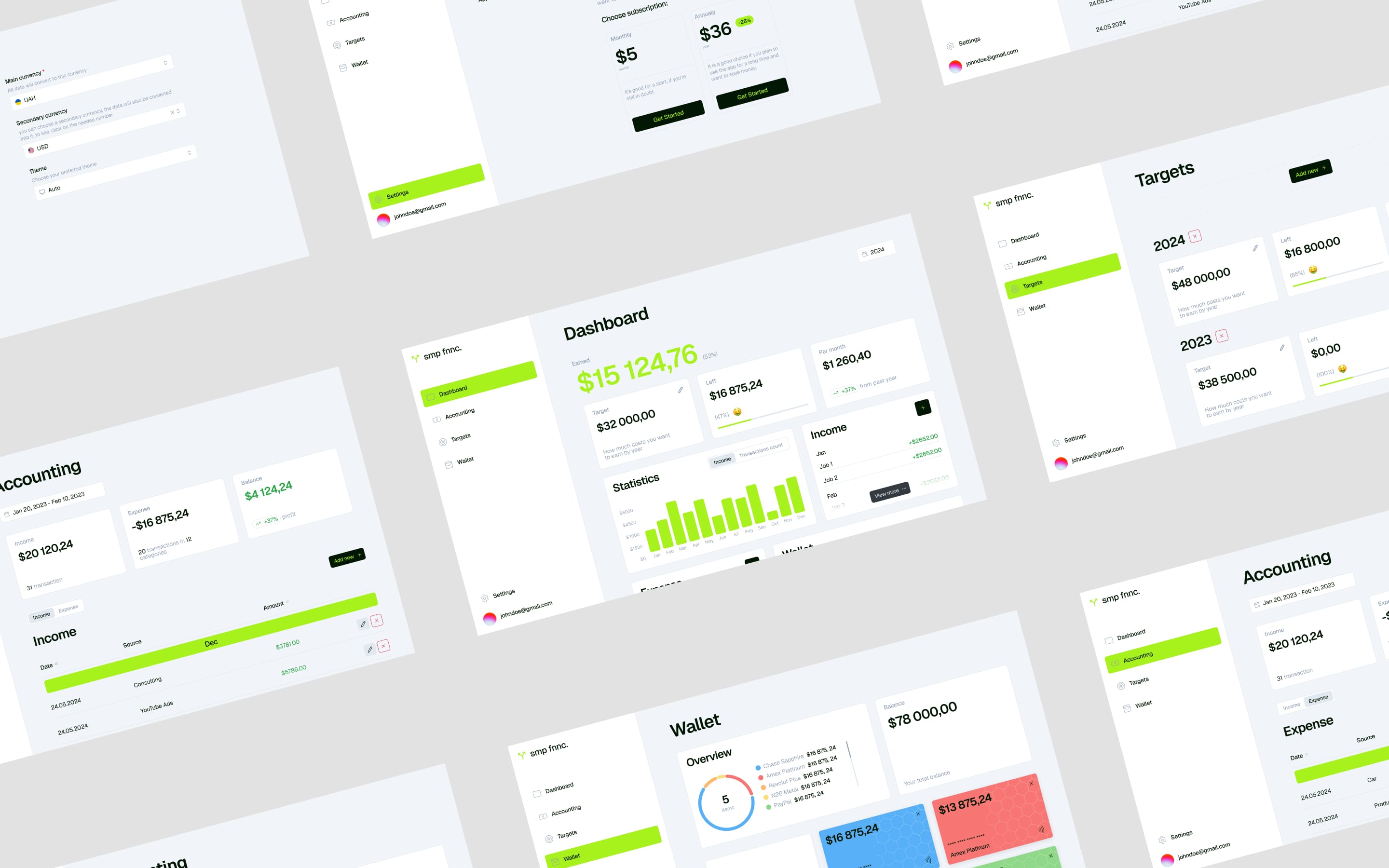 Angled grid of smp fnnc screens — settings, subscription plans, dashboard, targets, accounting and wallet