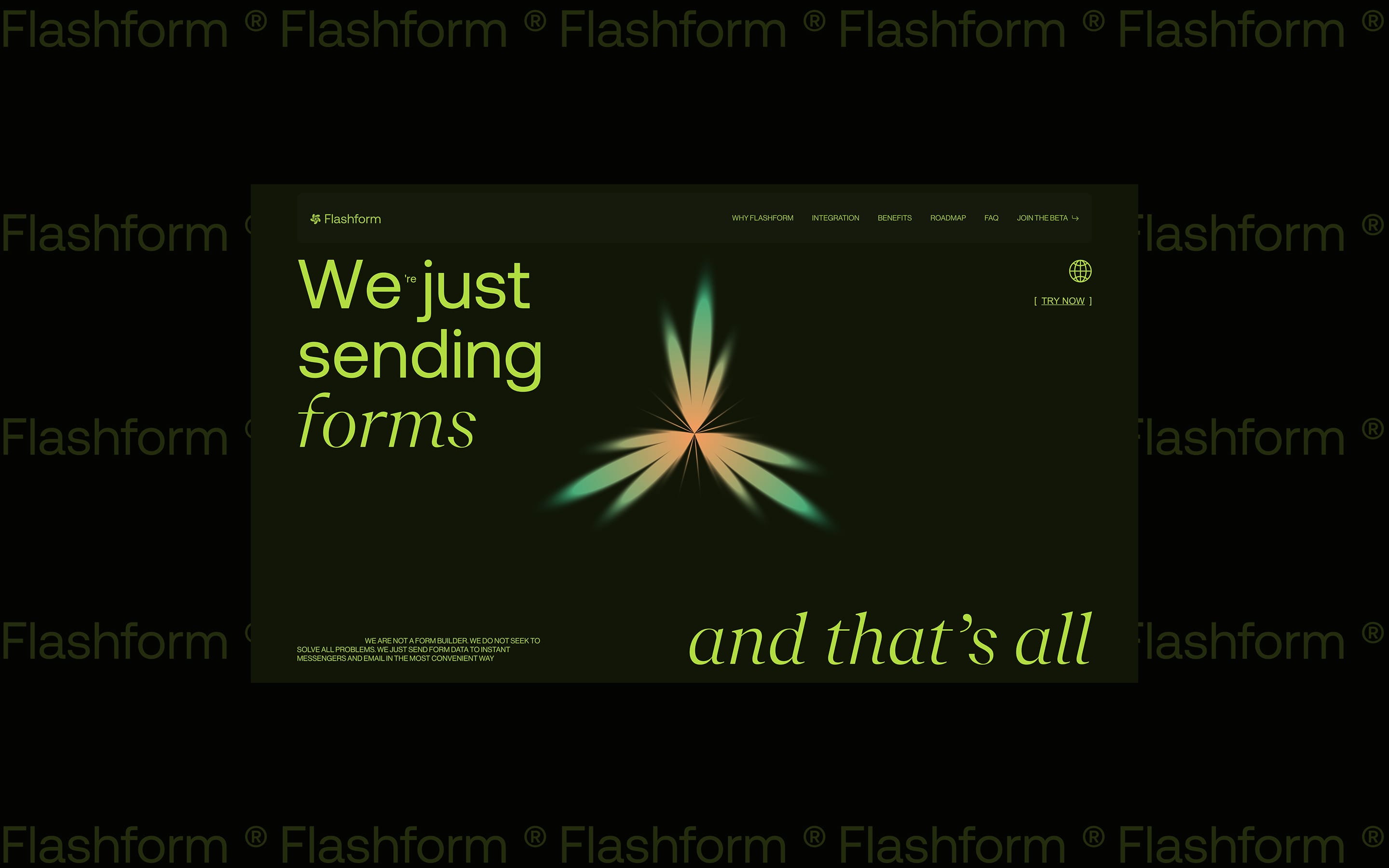 Flashform homepage hero with the line 'We just sending forms and that's all'