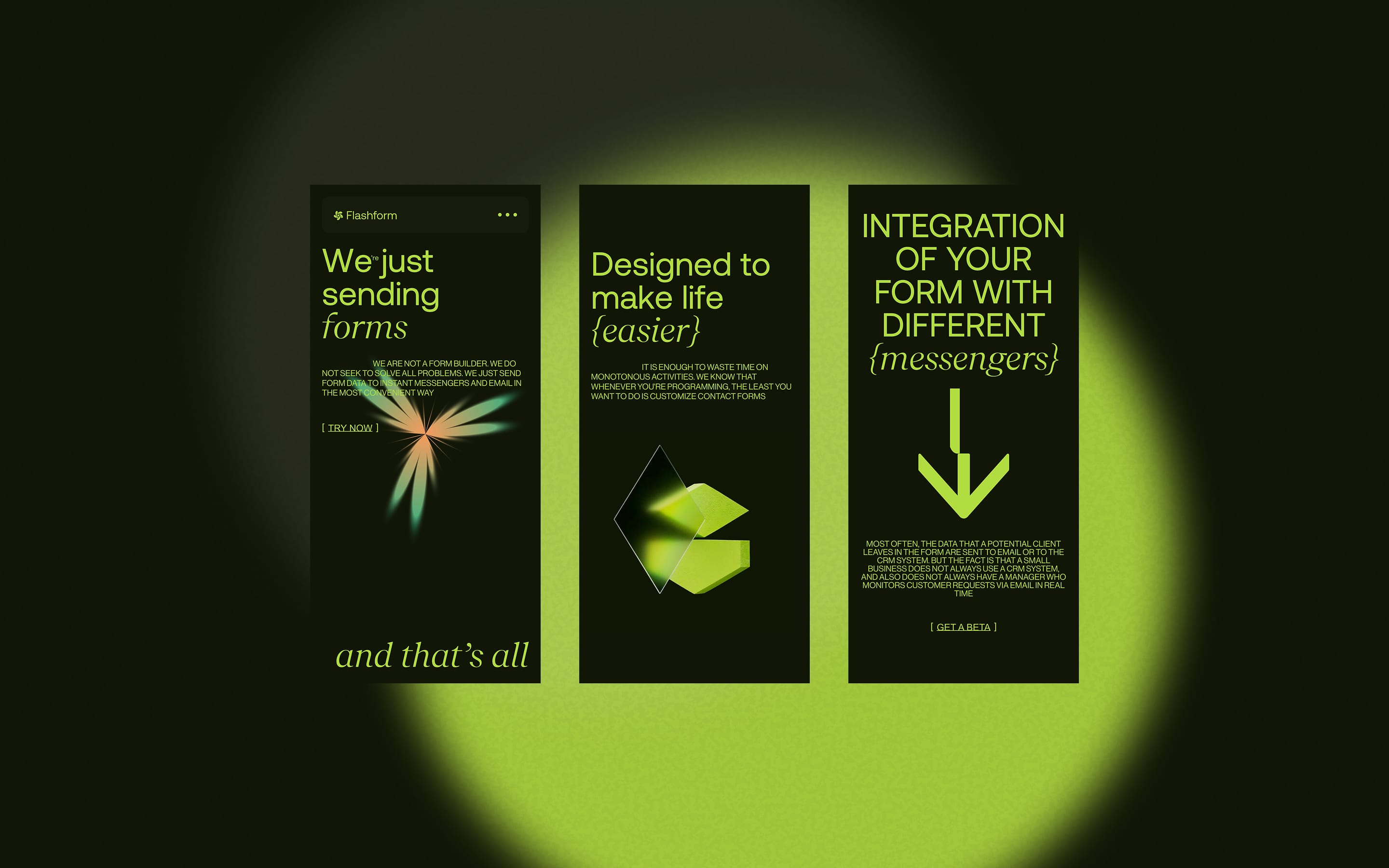Three mobile screens on a green glow, from hero to messenger integration