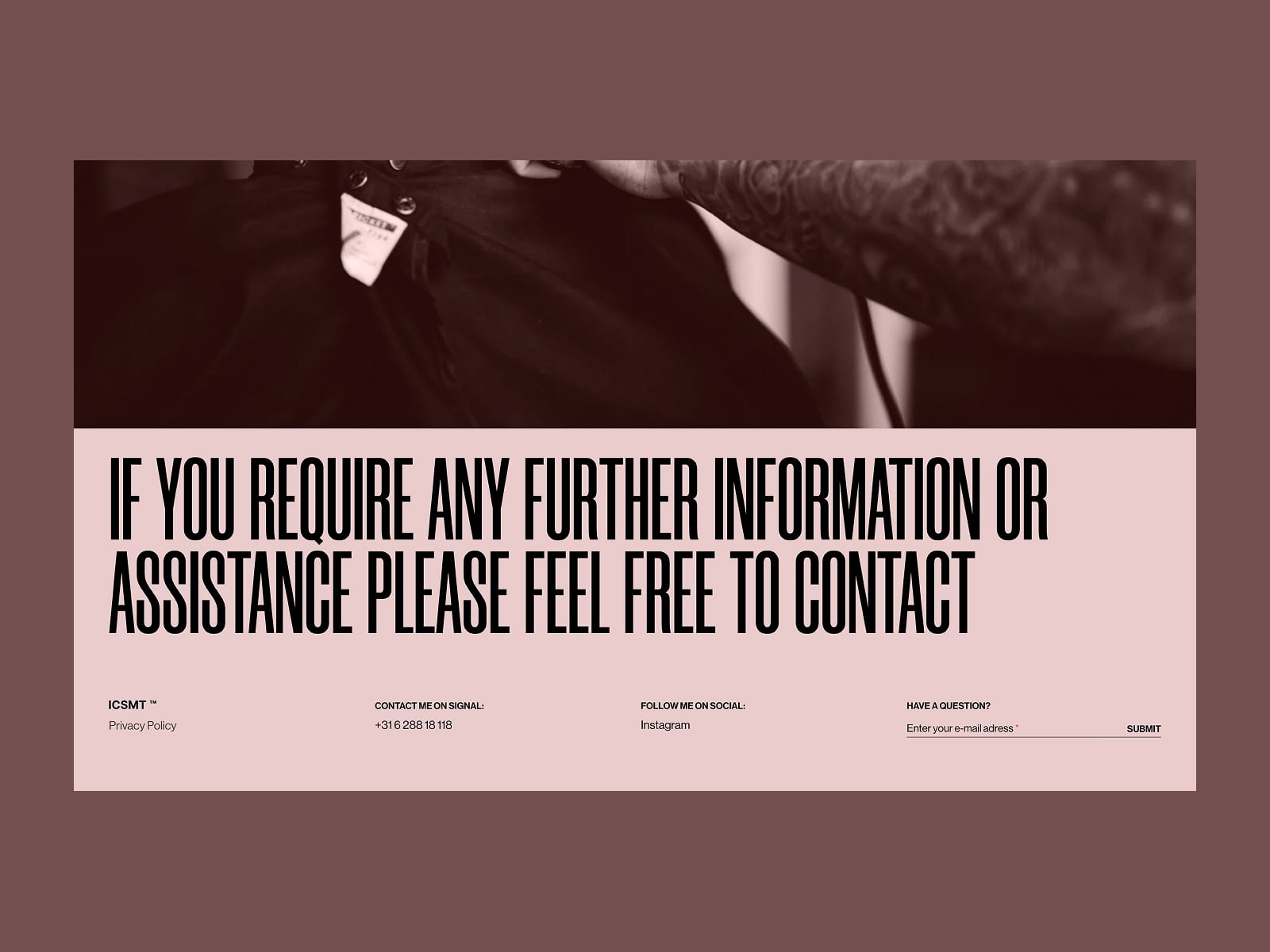 ICSMT footer with oversized contact invitation and email signup