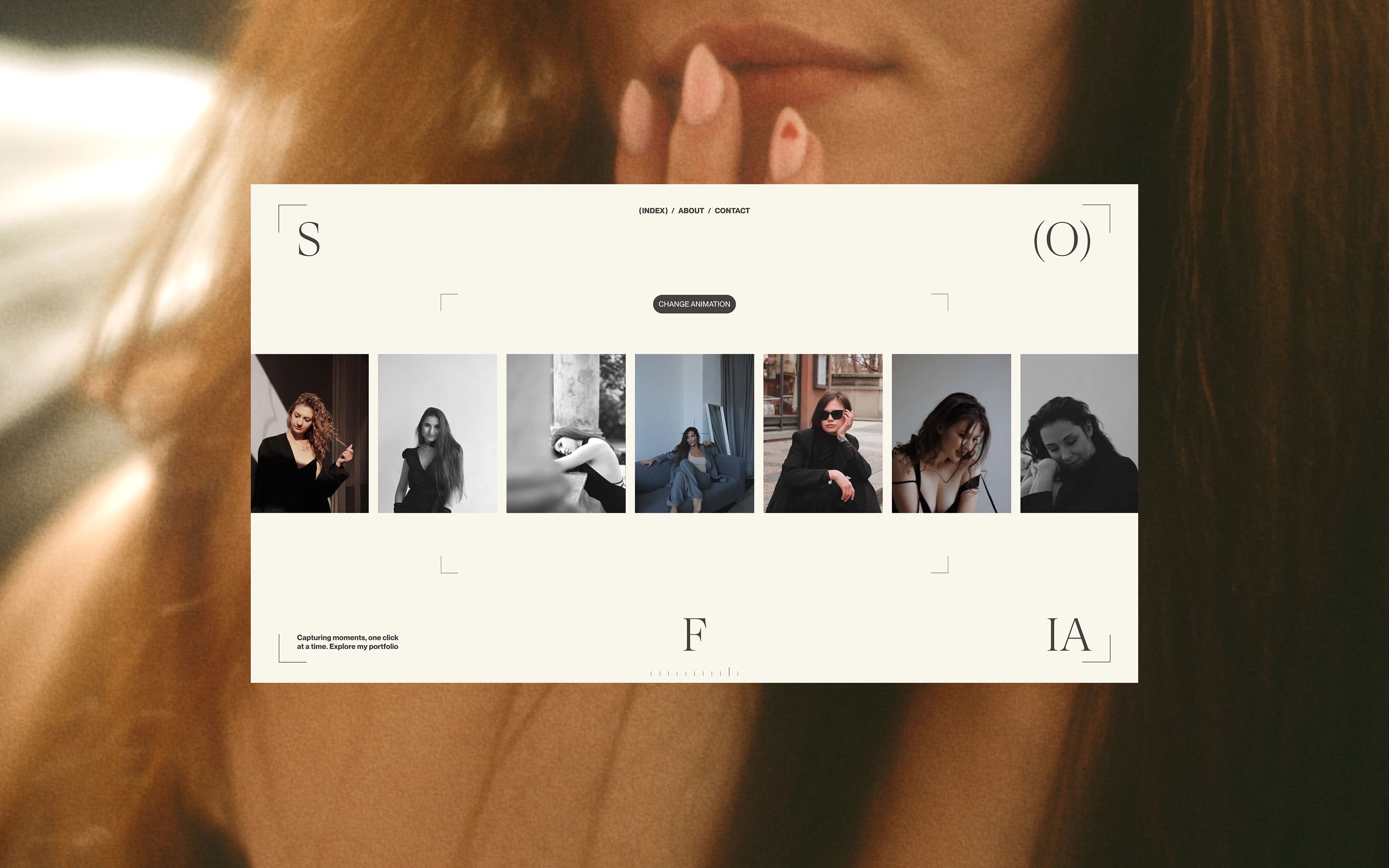 Sofia Shcherbak portfolio hero with a filmstrip of seven portraits