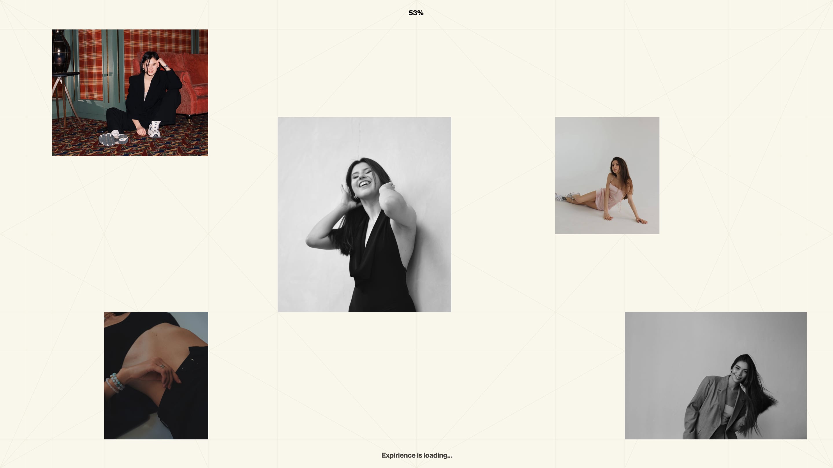 Loading screen at 53% with scattered portraits on cream background