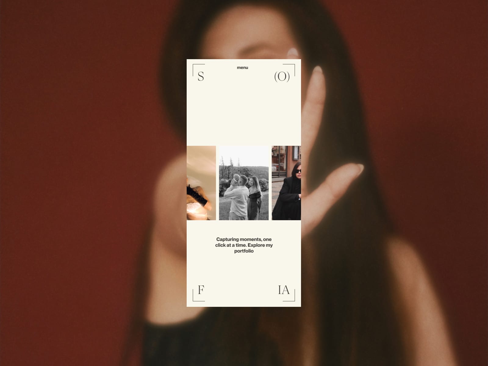 Mobile hero mockup with photo strip on rust-red backdrop
