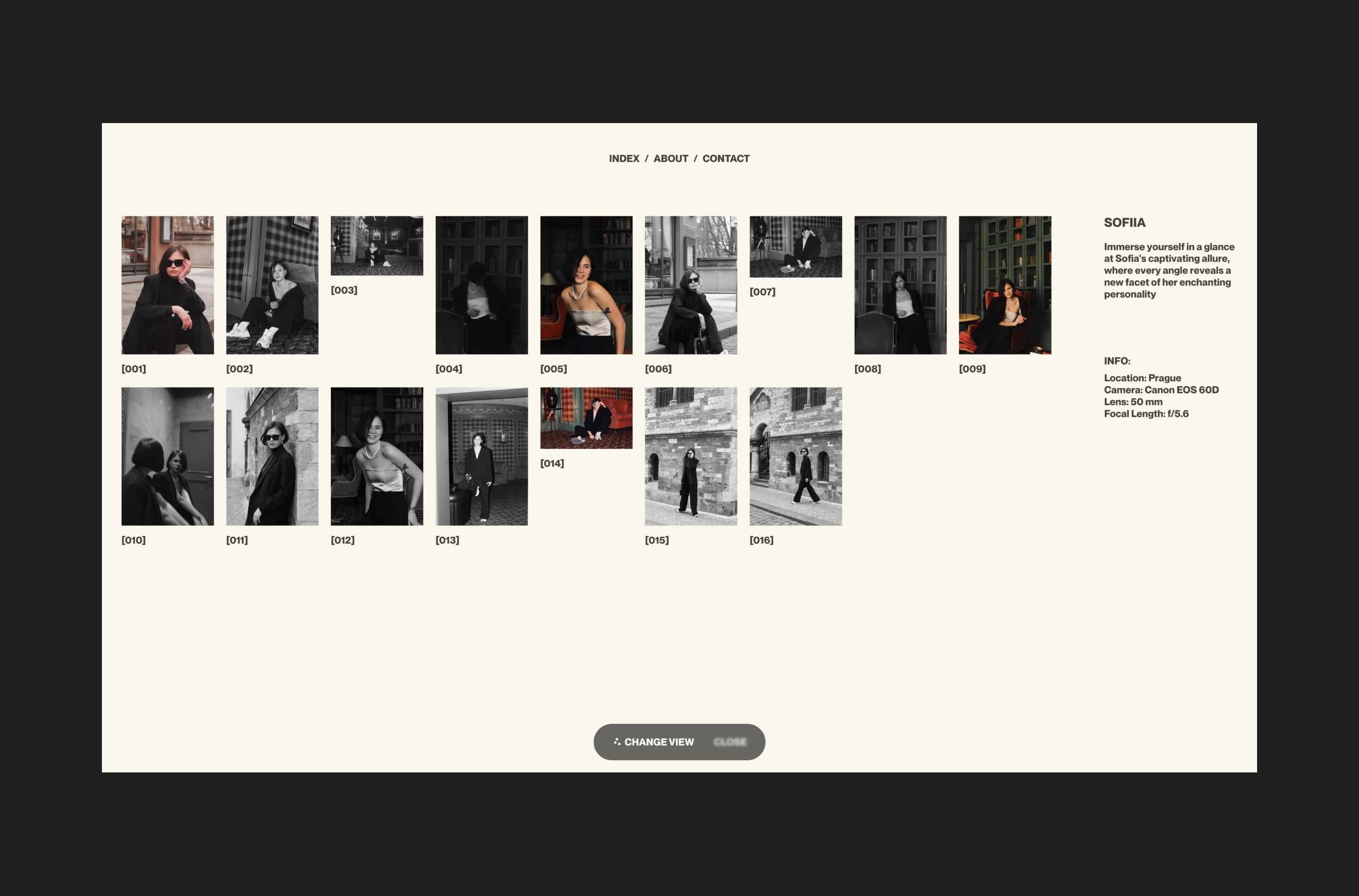 Project index view with numbered photo thumbnails and shoot info